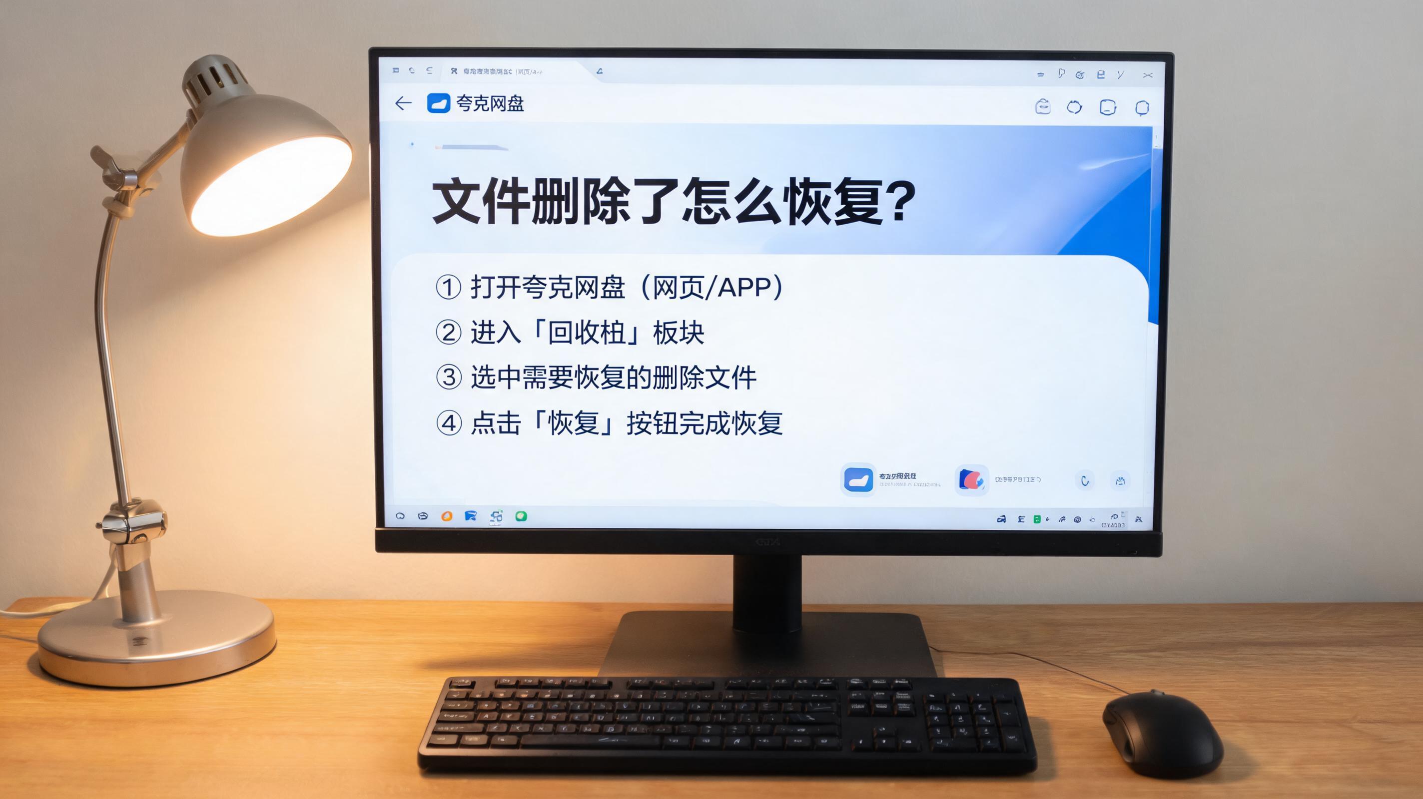 电脑桌上的电脑，屏幕显示夸克网盘文件删除了怎么恢复菜单，旁边放着台灯