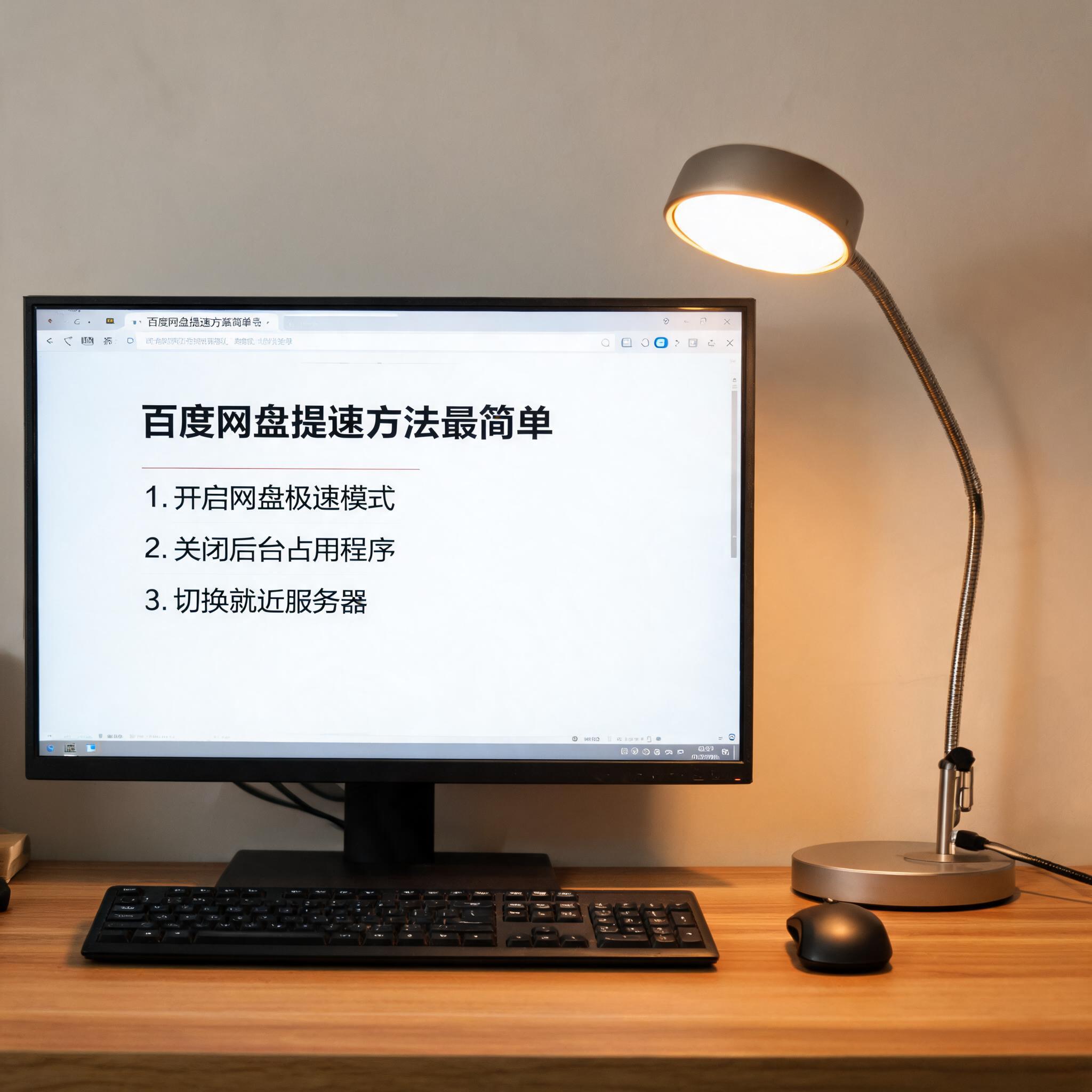 电脑桌上的电脑，屏幕显示百度网盘提速方法最简单窗口，旁边放着台灯