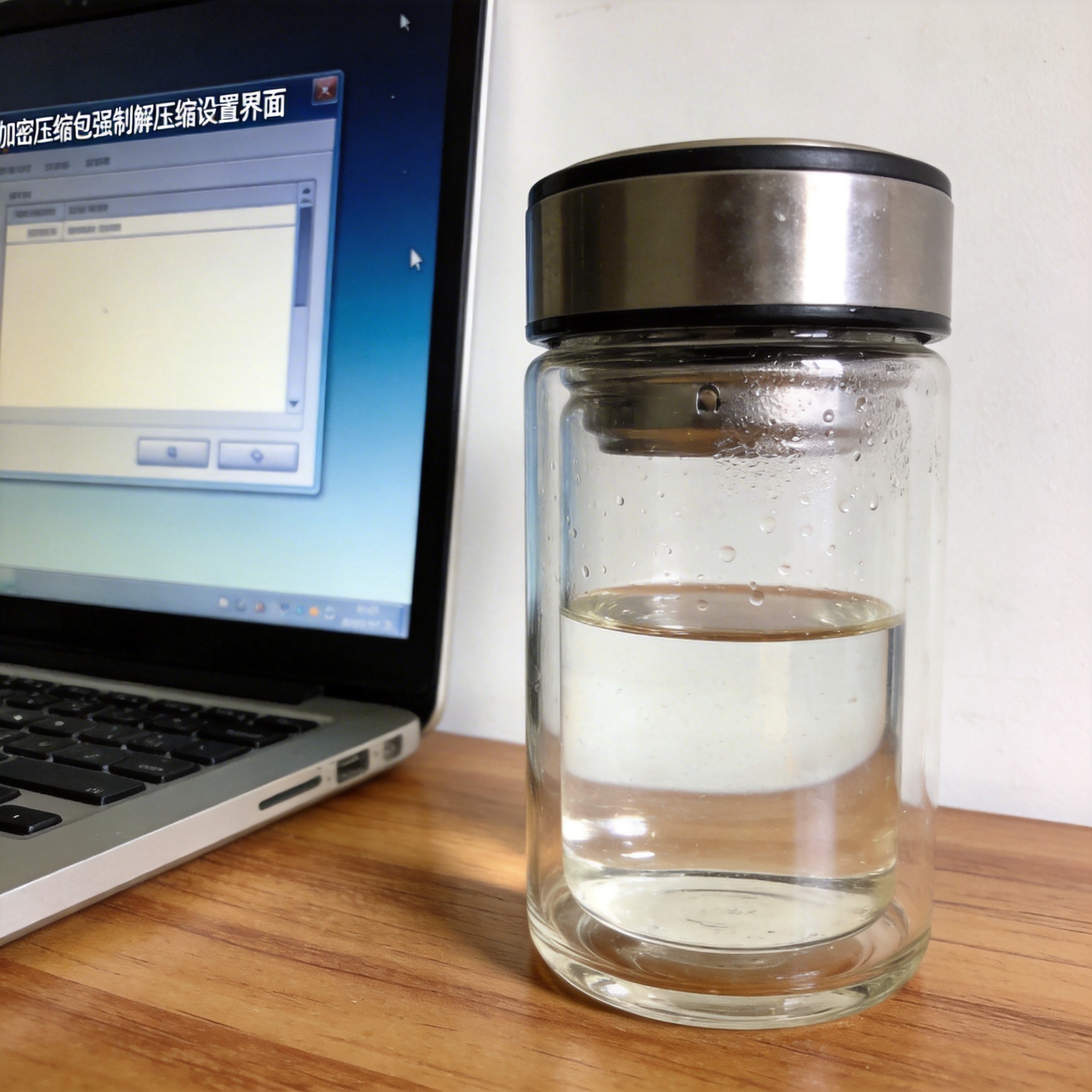 书桌上的电脑，屏幕显示加密压缩包强制解压缩设置界面，桌角放着水杯，自然光