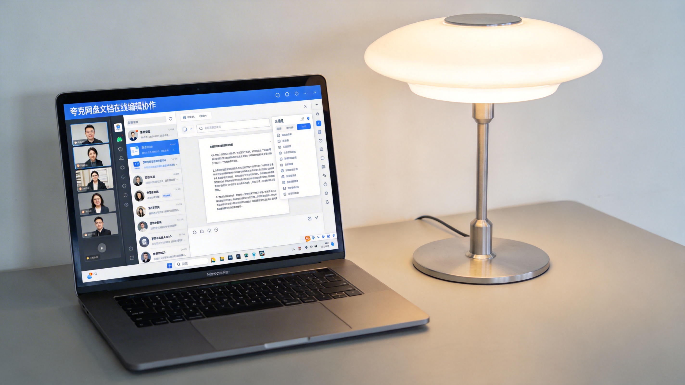 电脑桌上的电脑，屏幕显示夸克网盘文档在线编辑协作界面，旁边放着台灯