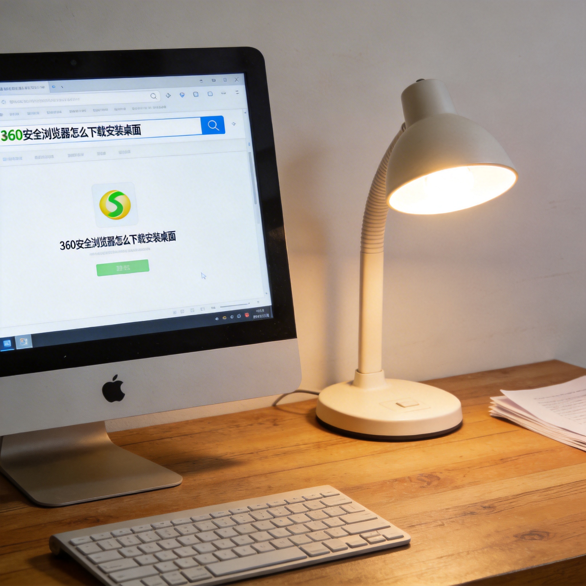 电脑桌上的电脑，屏幕显示360 安全浏览器怎么下载安装桌面，旁边放着台灯