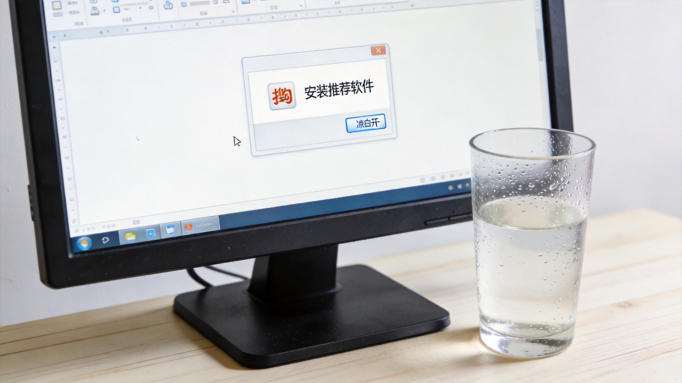 电脑桌面显示搜狗拼音安装界面，界面上有“安装推荐软件”勾选框，旁边放着半杯凉白开，室内自然光