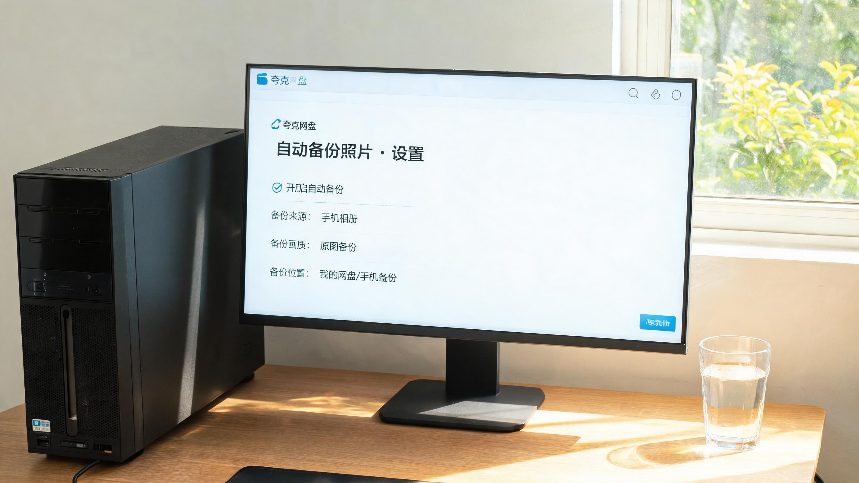 书桌上的主机，屏幕显示夸克网盘自动备份照片设置设置界面，桌角放着水杯，自然光