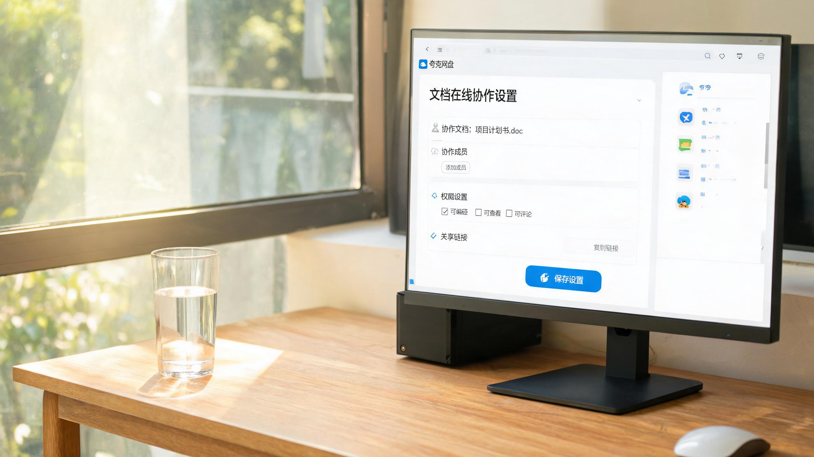 书桌上的主机，屏幕显示夸克网盘文档在线编辑协作设置界面，桌角放着水杯，自然光
