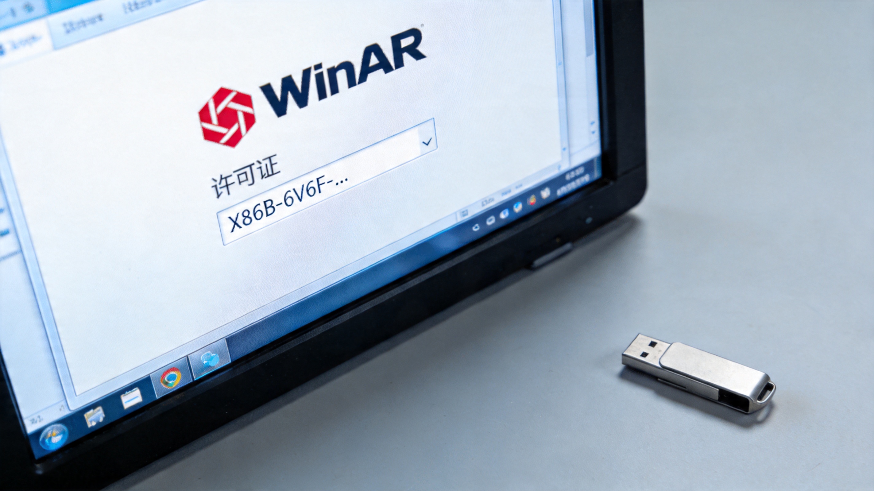 电脑屏幕显示WinRAR的“许可证”设置窗口，输入框内有密钥字符，桌面角落放着U盘，屏幕光为主照明