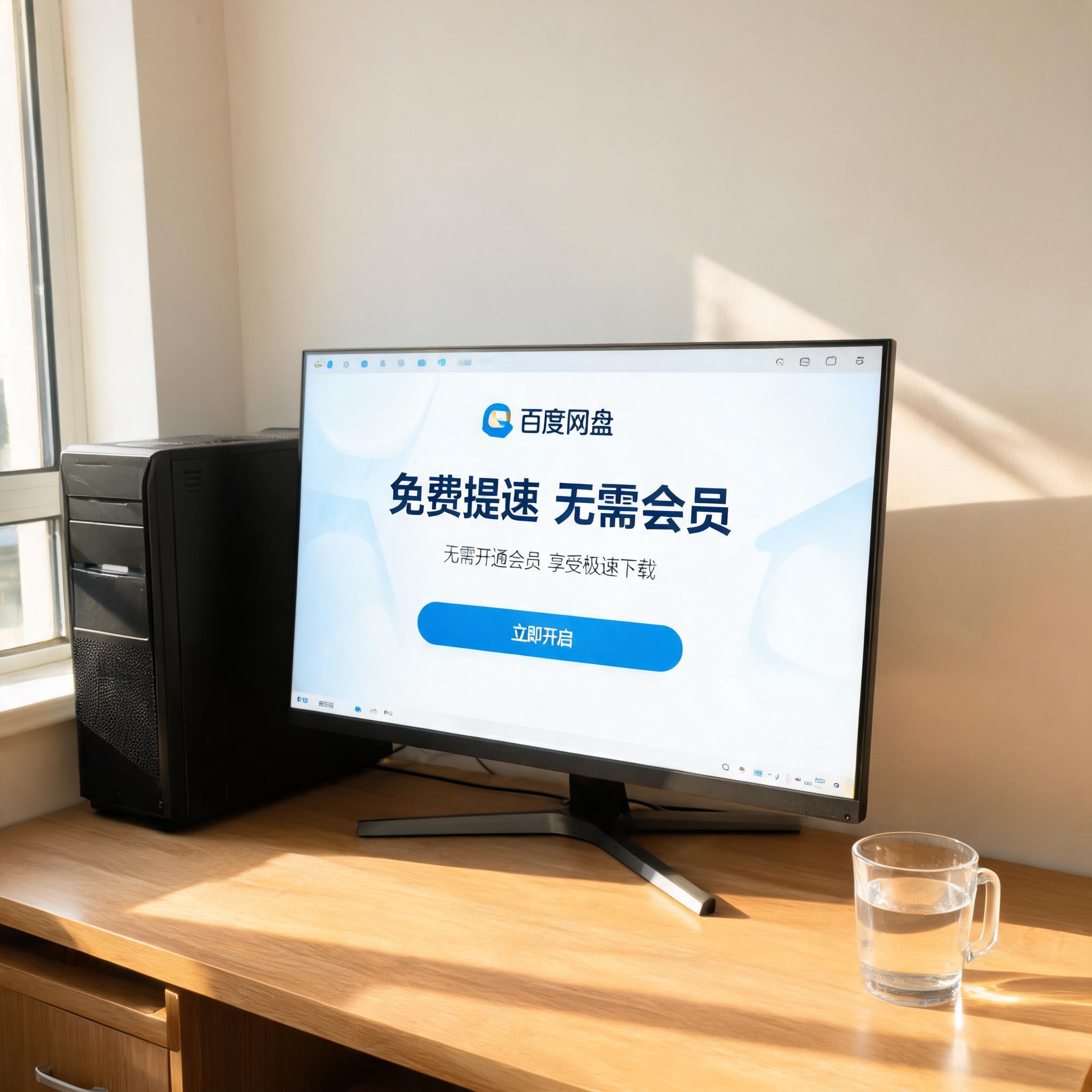 书桌上的主机，屏幕显示百度网盘免费提速无需会员设置界面，桌角放着水杯，自然光