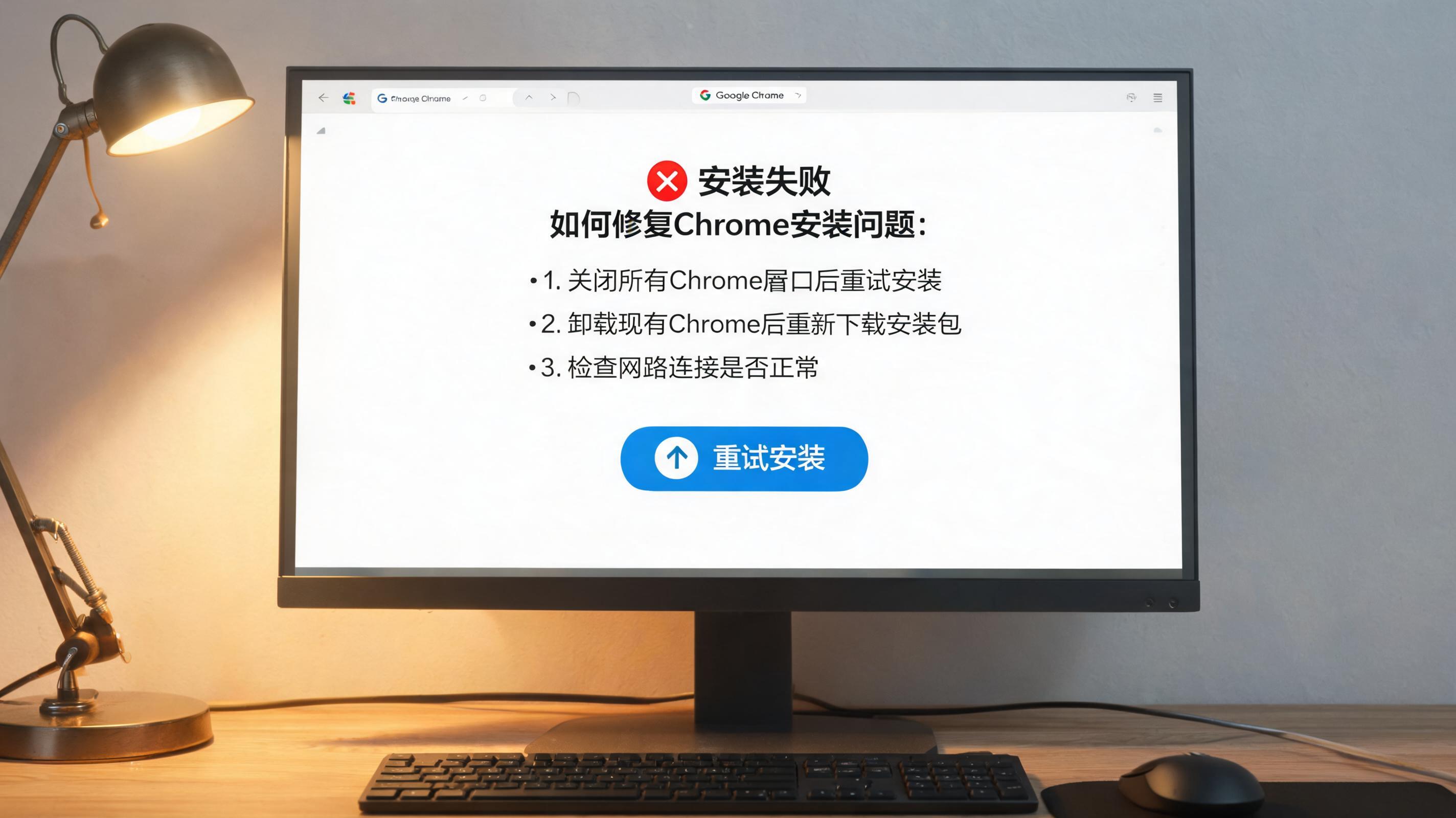电脑桌上的电脑，屏幕显示chrome安装失败怎么修复界面，旁边放着台灯