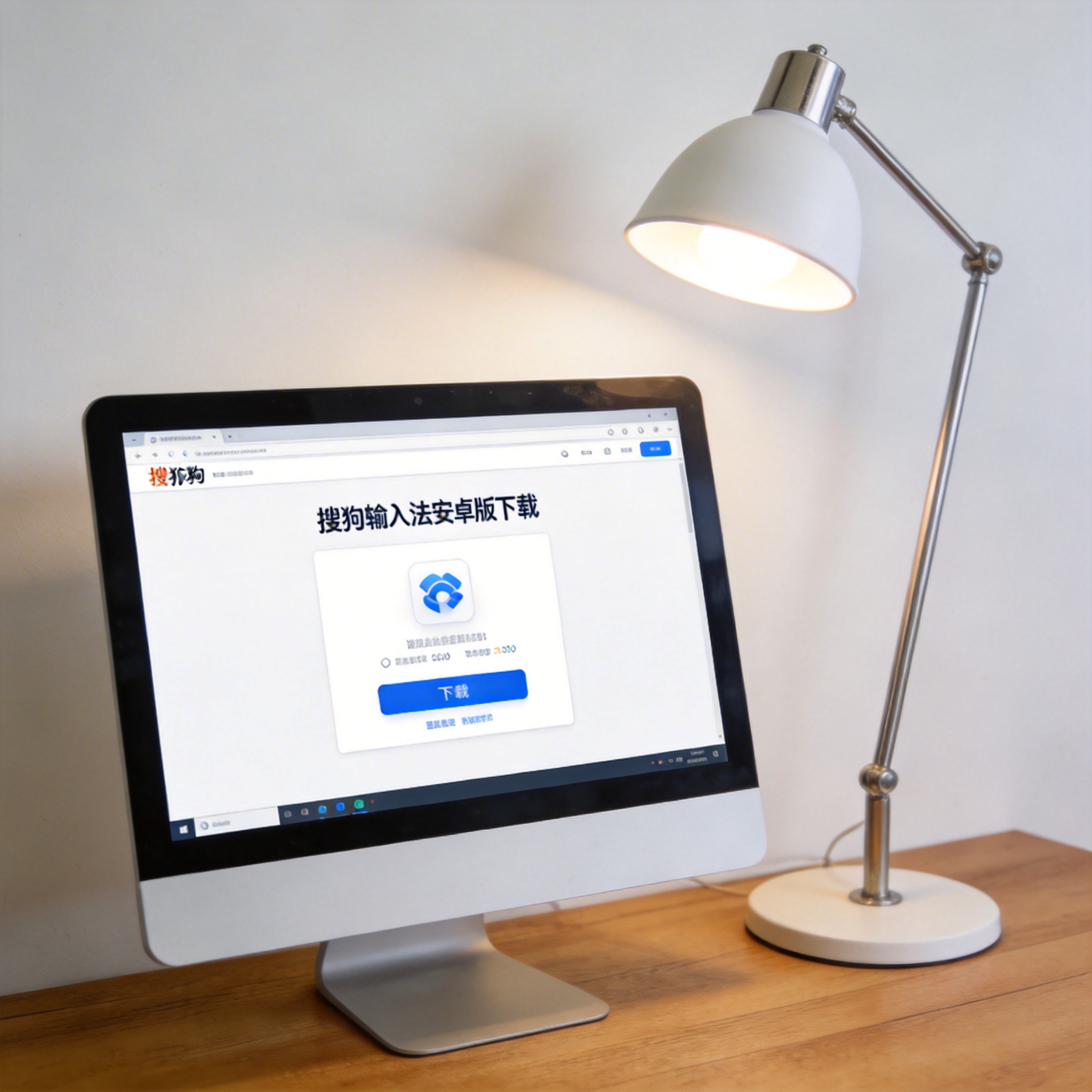 电脑桌上的电脑，屏幕显示搜狗输入法安卓版下载界面，旁边放着台灯