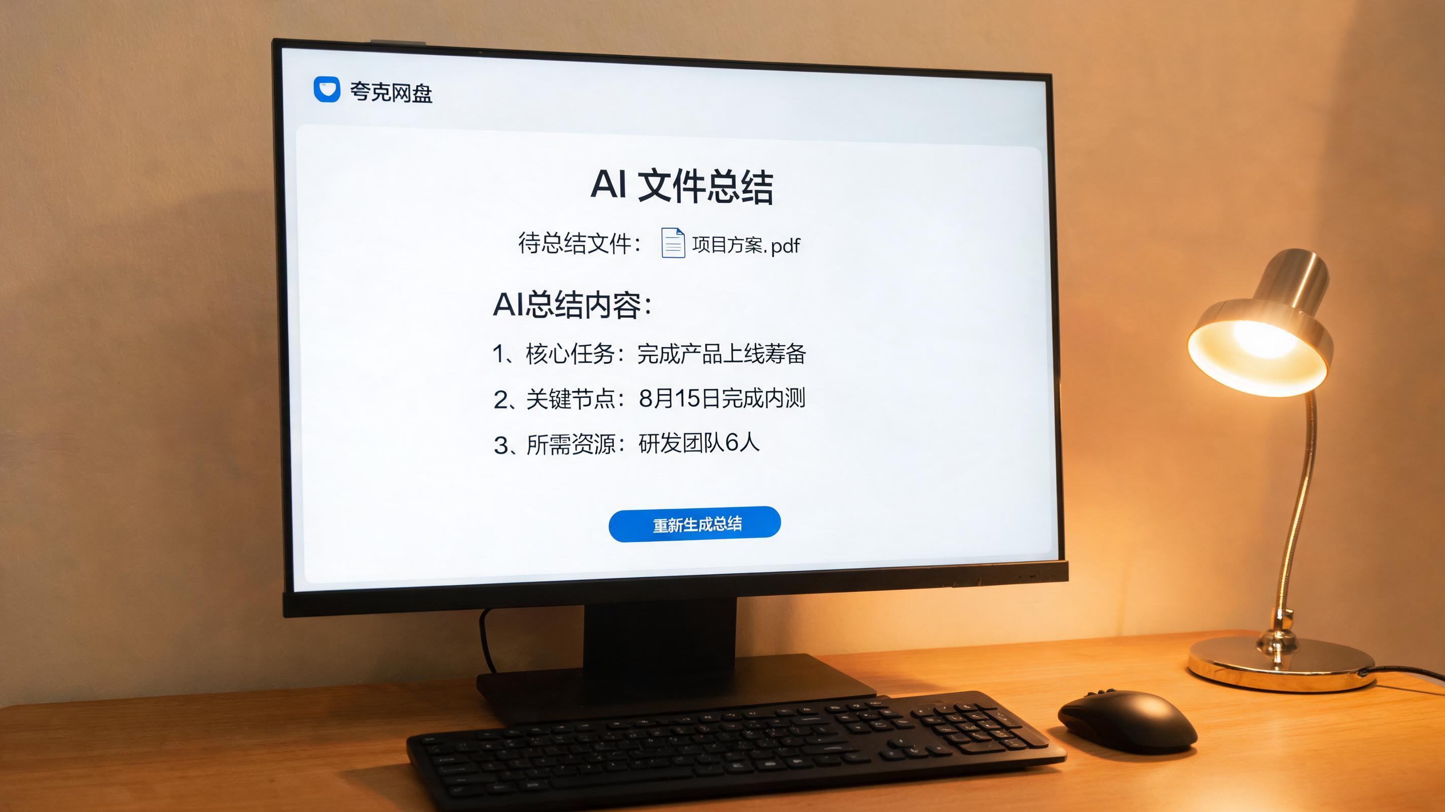 电脑桌上的电脑，屏幕显示夸克网盘 AI 文件总结功能界面，旁边放着台灯