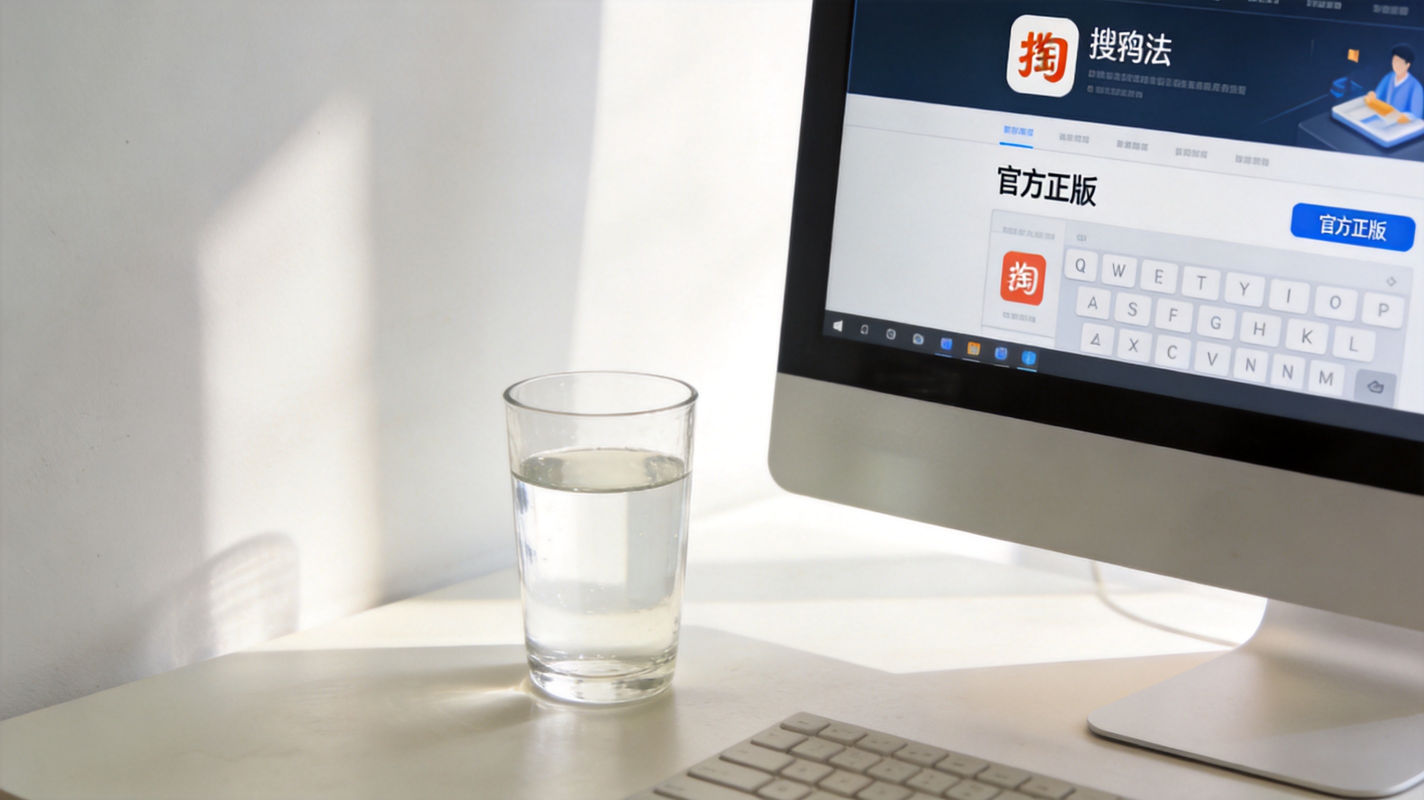 电脑桌面，屏幕显示搜狗输入法官网下载页面，页面上标注着“官方正版”字样，旁边放着半杯温水，室内自然光