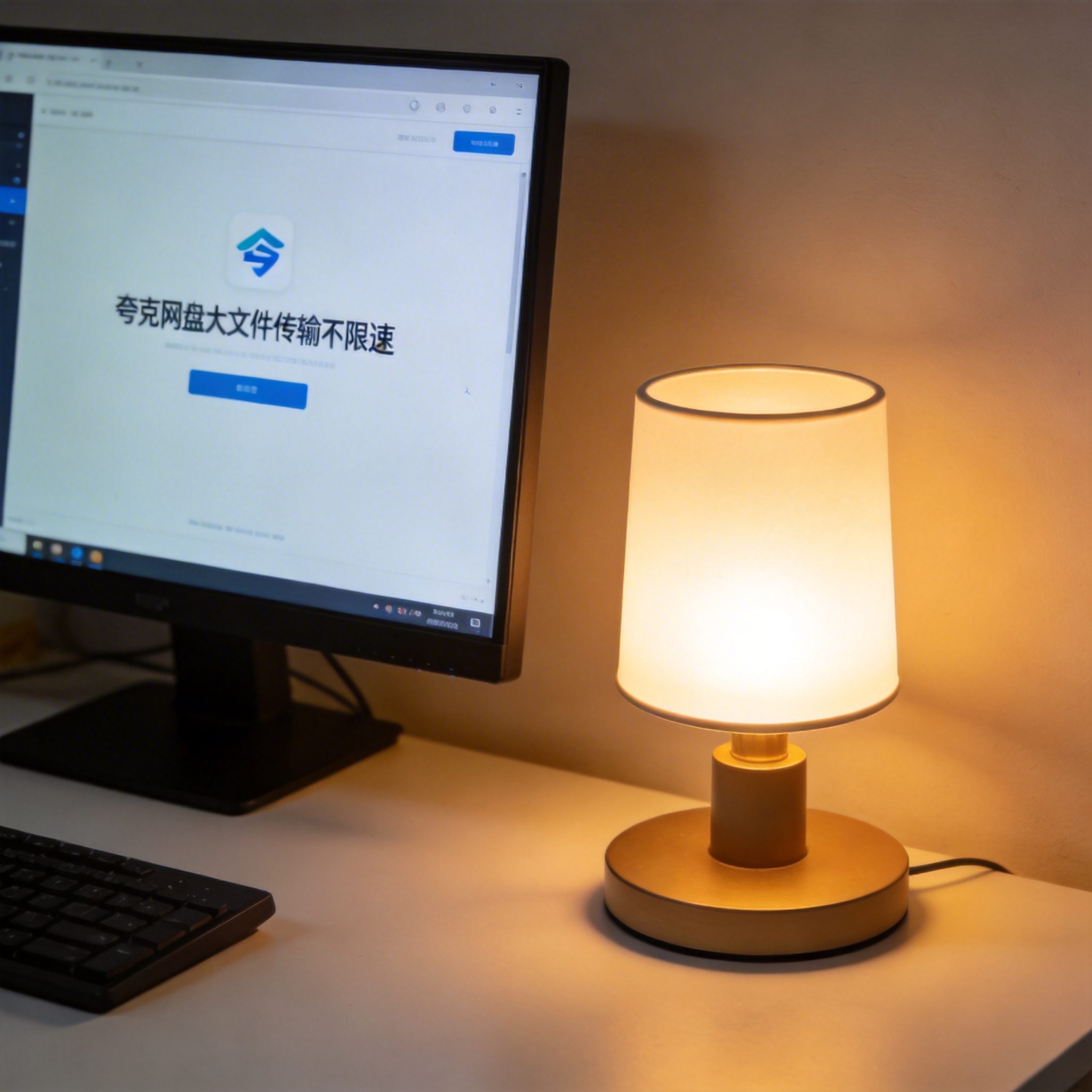 电脑桌上的电脑，屏幕显示夸克网盘大文件传输不限速界面，旁边放着台灯