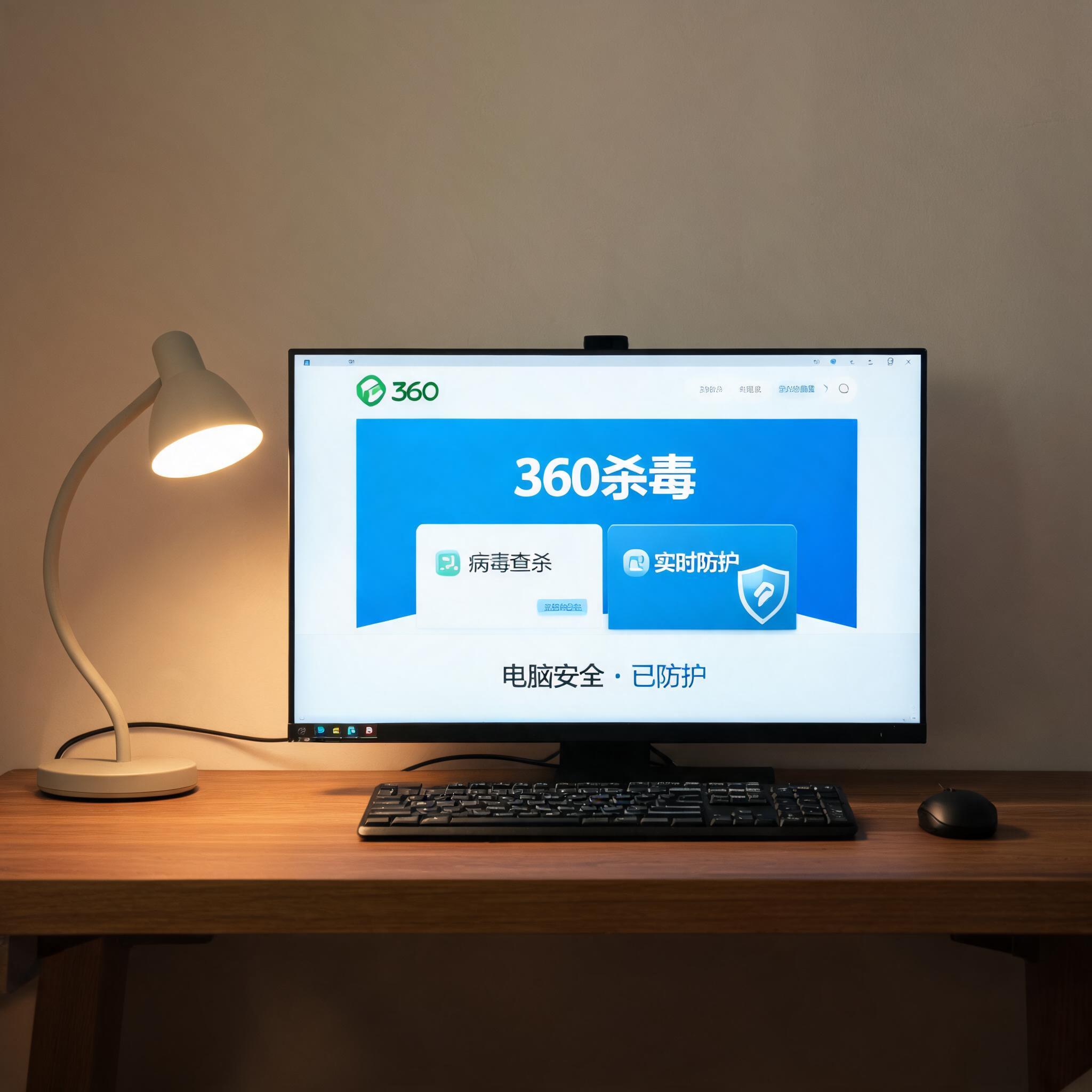 电脑桌上的电脑，屏幕显示360 杀毒电脑客户端界面，旁边放着台灯
