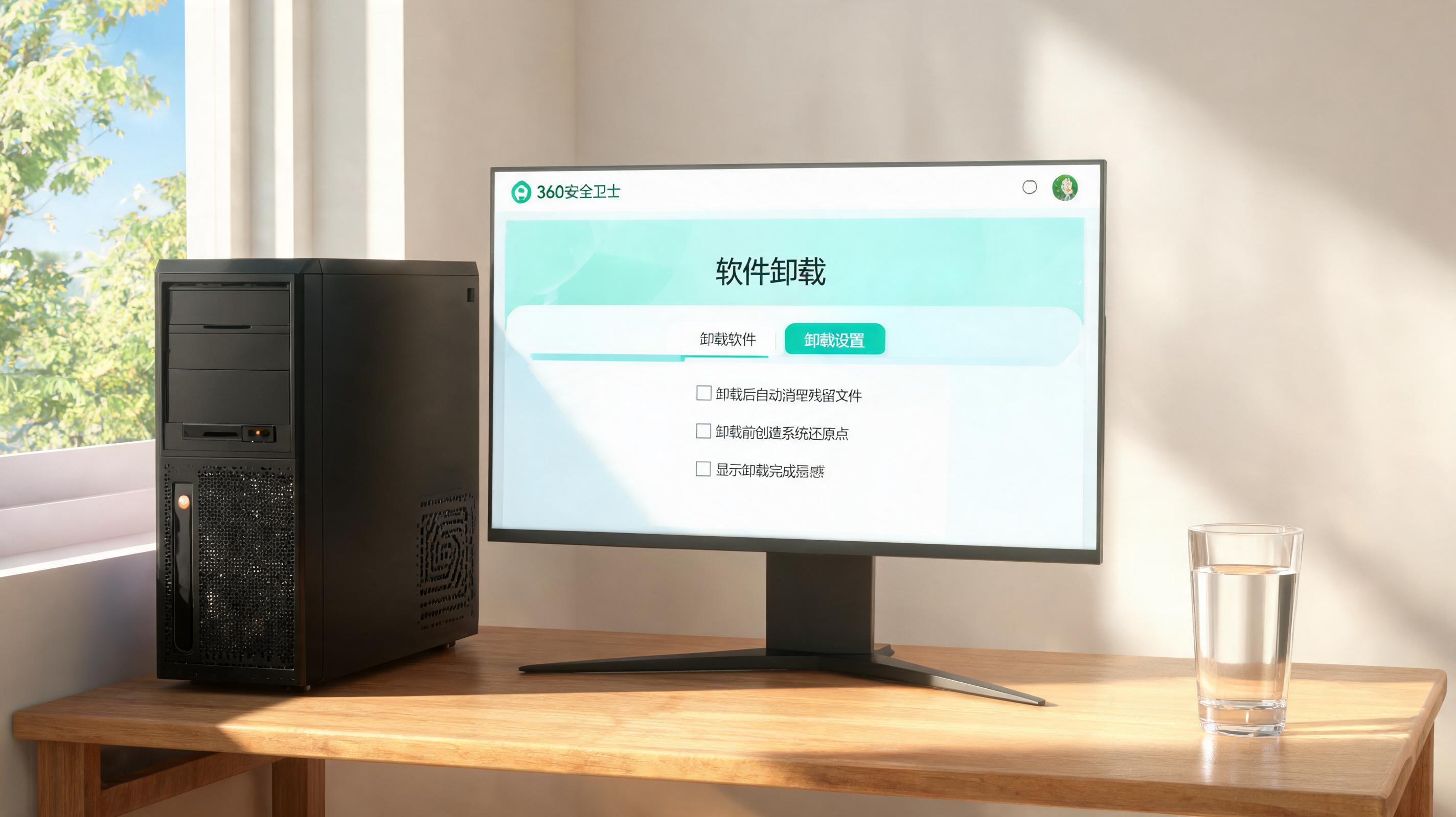 书桌上的主机，屏幕显示360 卫士软件卸载功能设置界面，桌角放着水杯，自然光