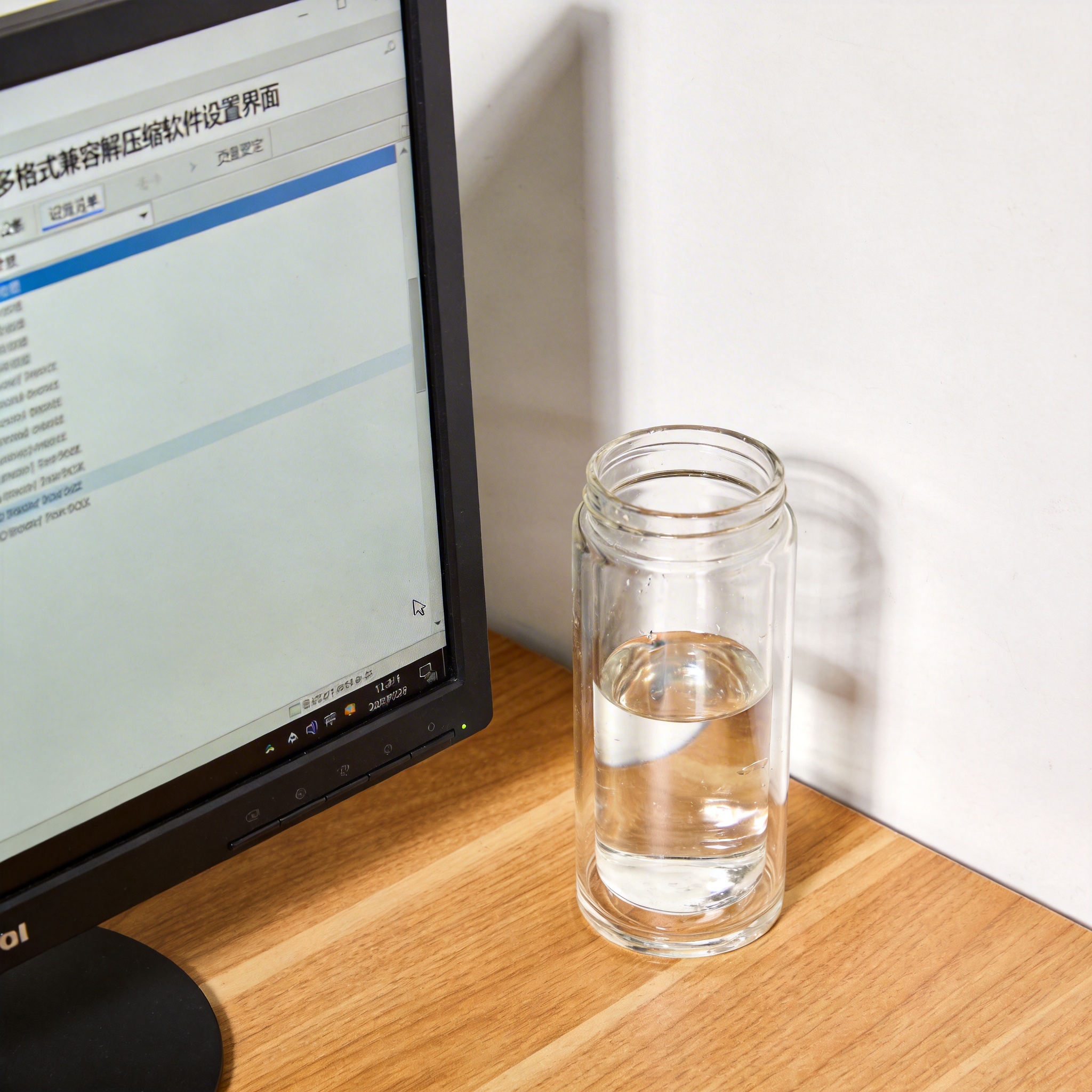 书桌上的主机，屏幕显示多格式兼容解压缩软件设置界面，桌角放着水杯，自然光