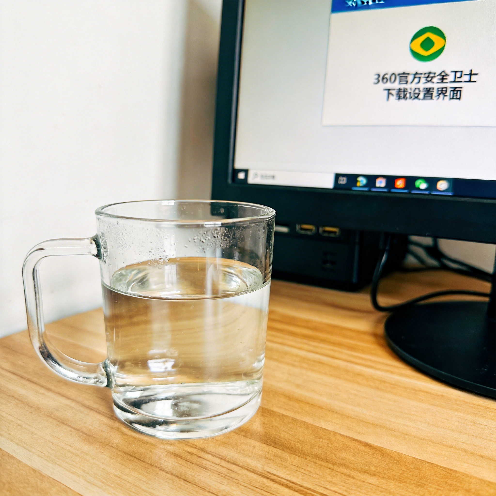 书桌上的主机，屏幕显示360 官方安全卫士下载设置界面，桌角放着水杯，自然光