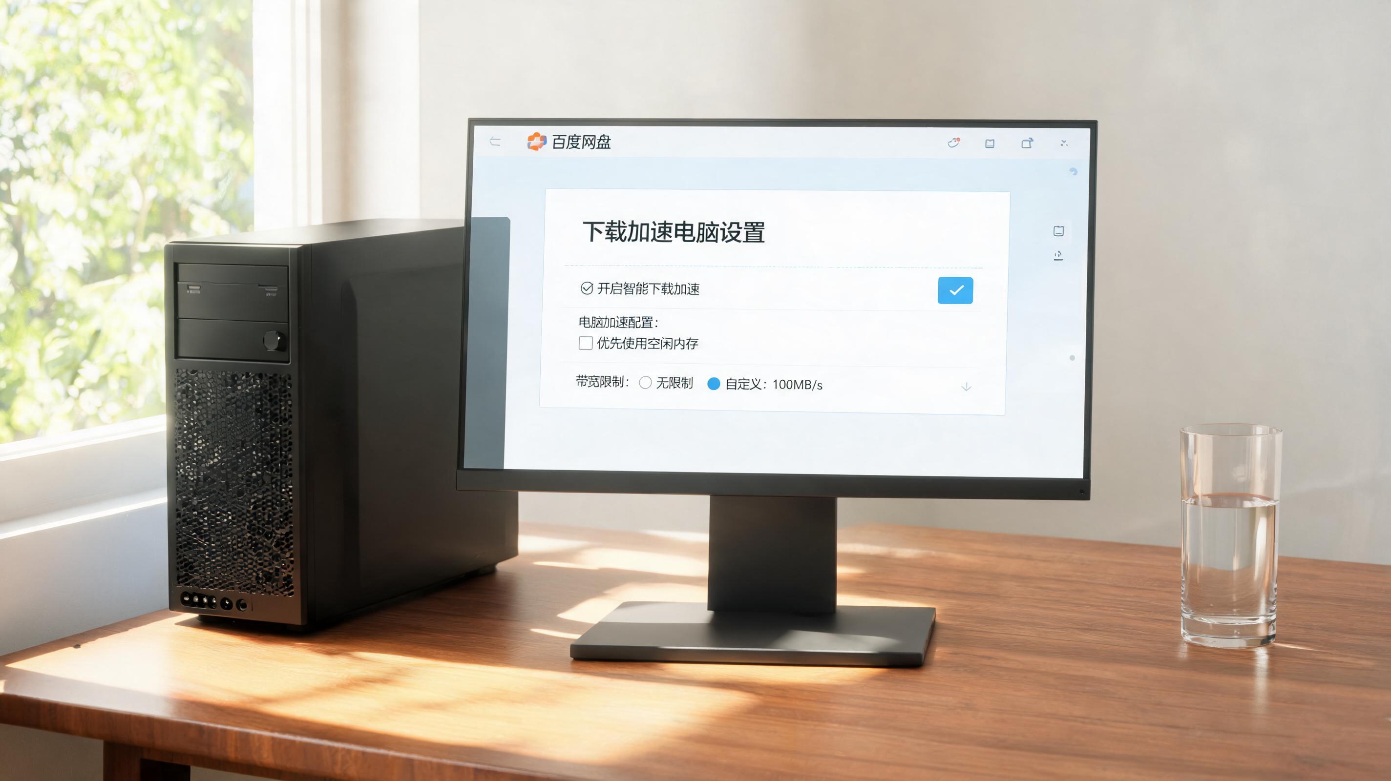 书桌上的主机，屏幕显示百度网盘下载加速电脑设置界面，桌角放着水杯，自然光