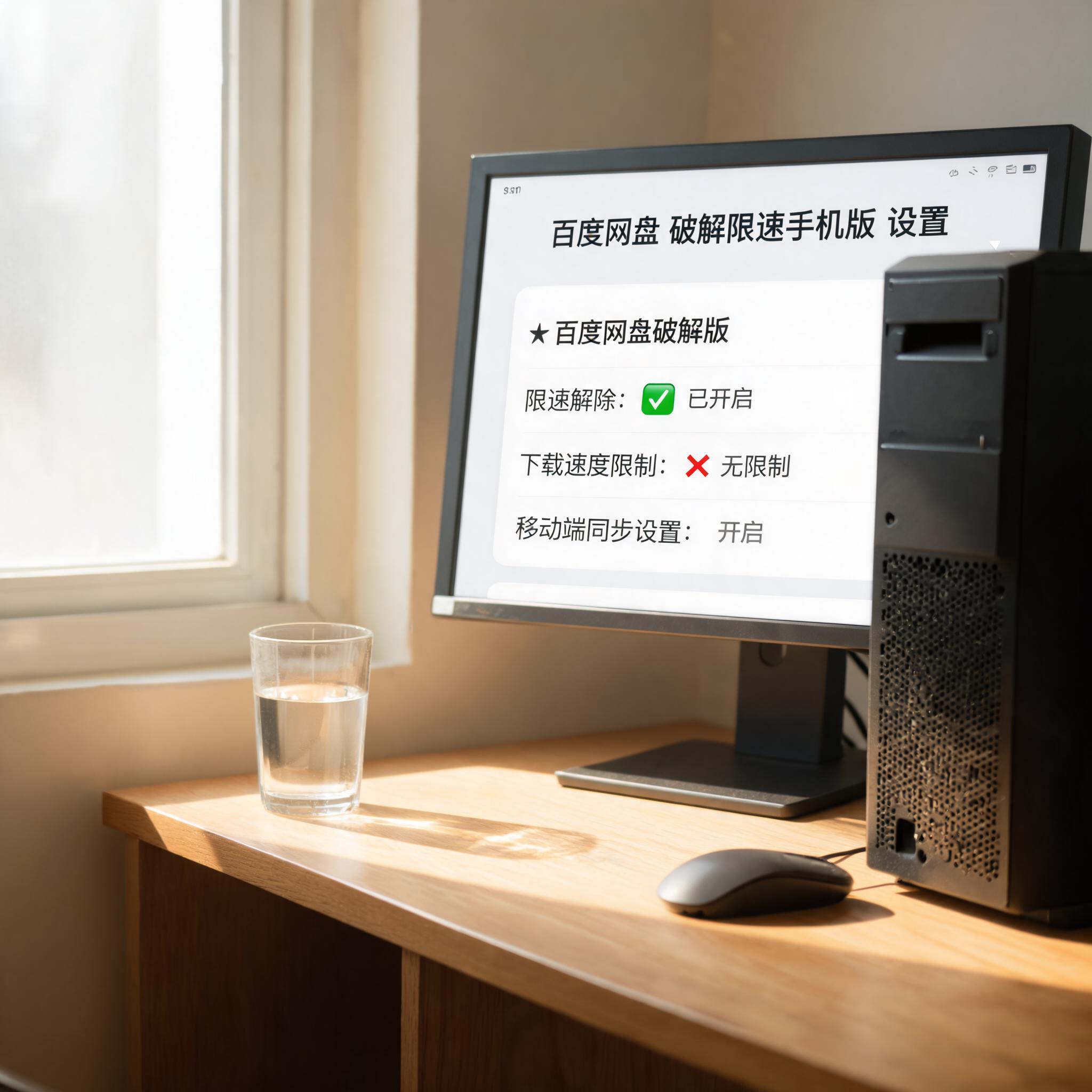 书桌上的主机，屏幕显示百度网盘破解限速手机版设置界面，桌角放着水杯，自然光