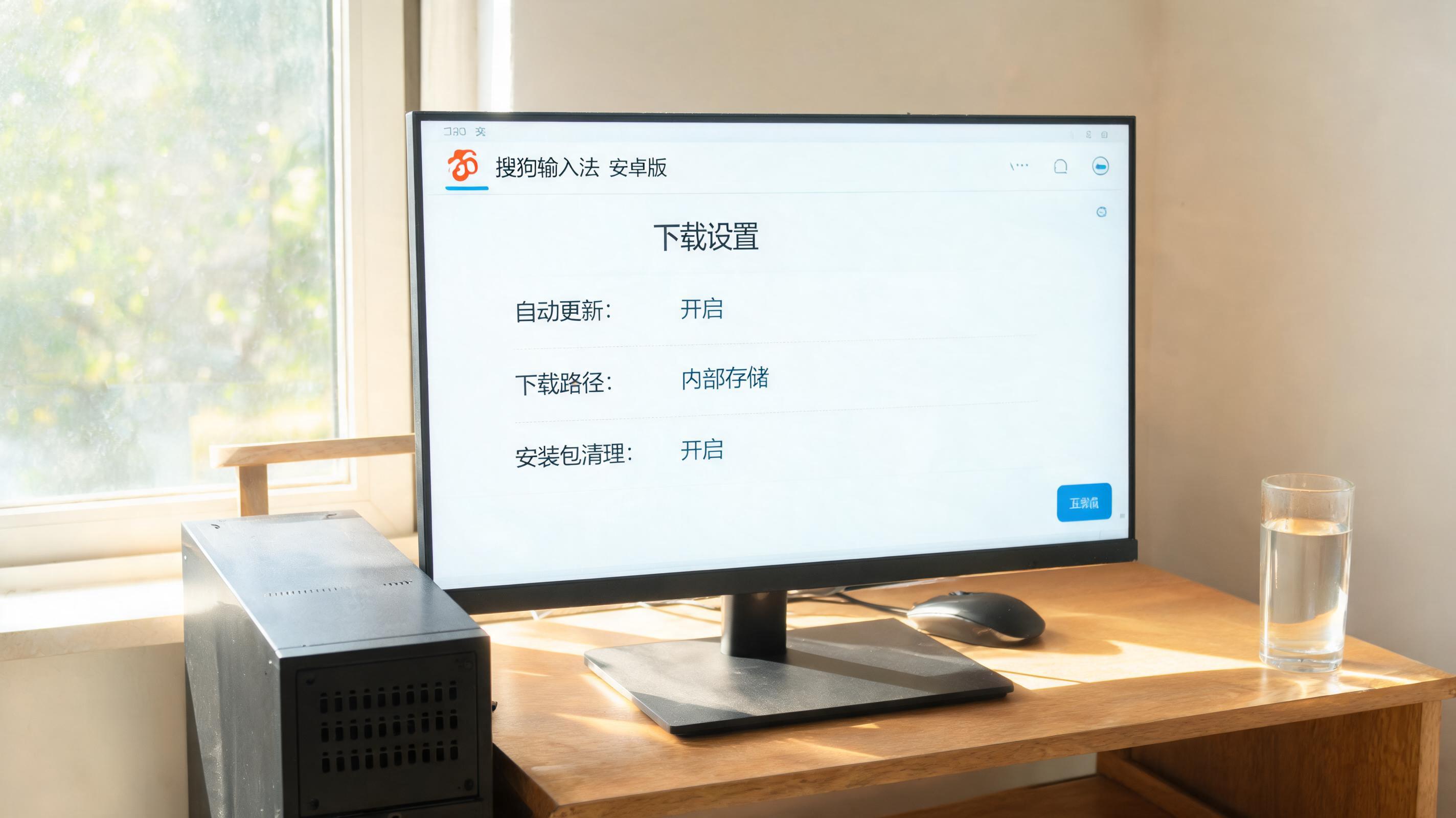 书桌上的主机，屏幕显示搜狗输入法安卓版下载设置界面，桌角放着水杯，自然光