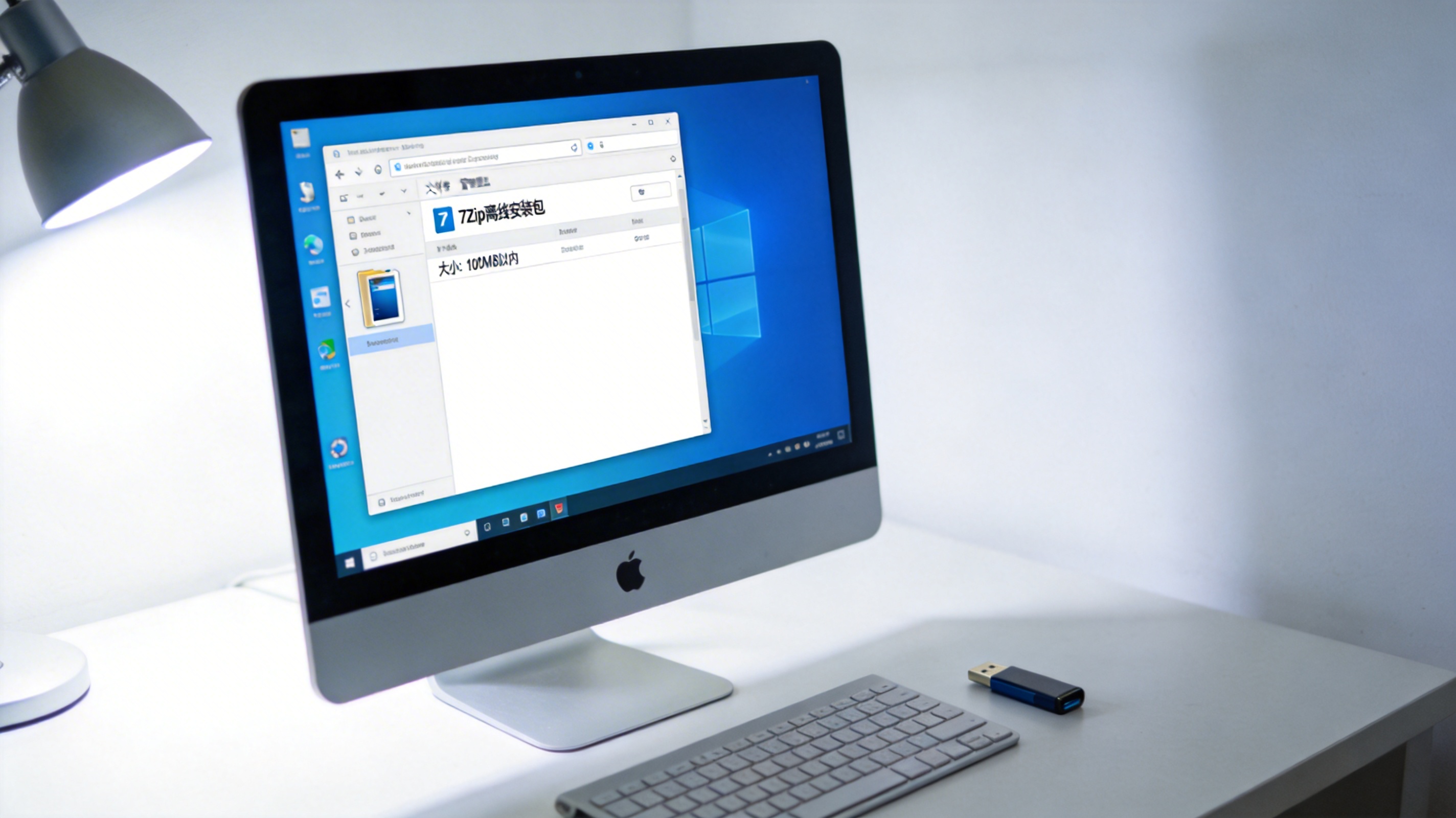 桌面的Windows系统电脑，屏幕显示文件资源管理器界面，里面有大小100MB以内的7Zip离线安装包，旁边放着U盘，台灯冷光