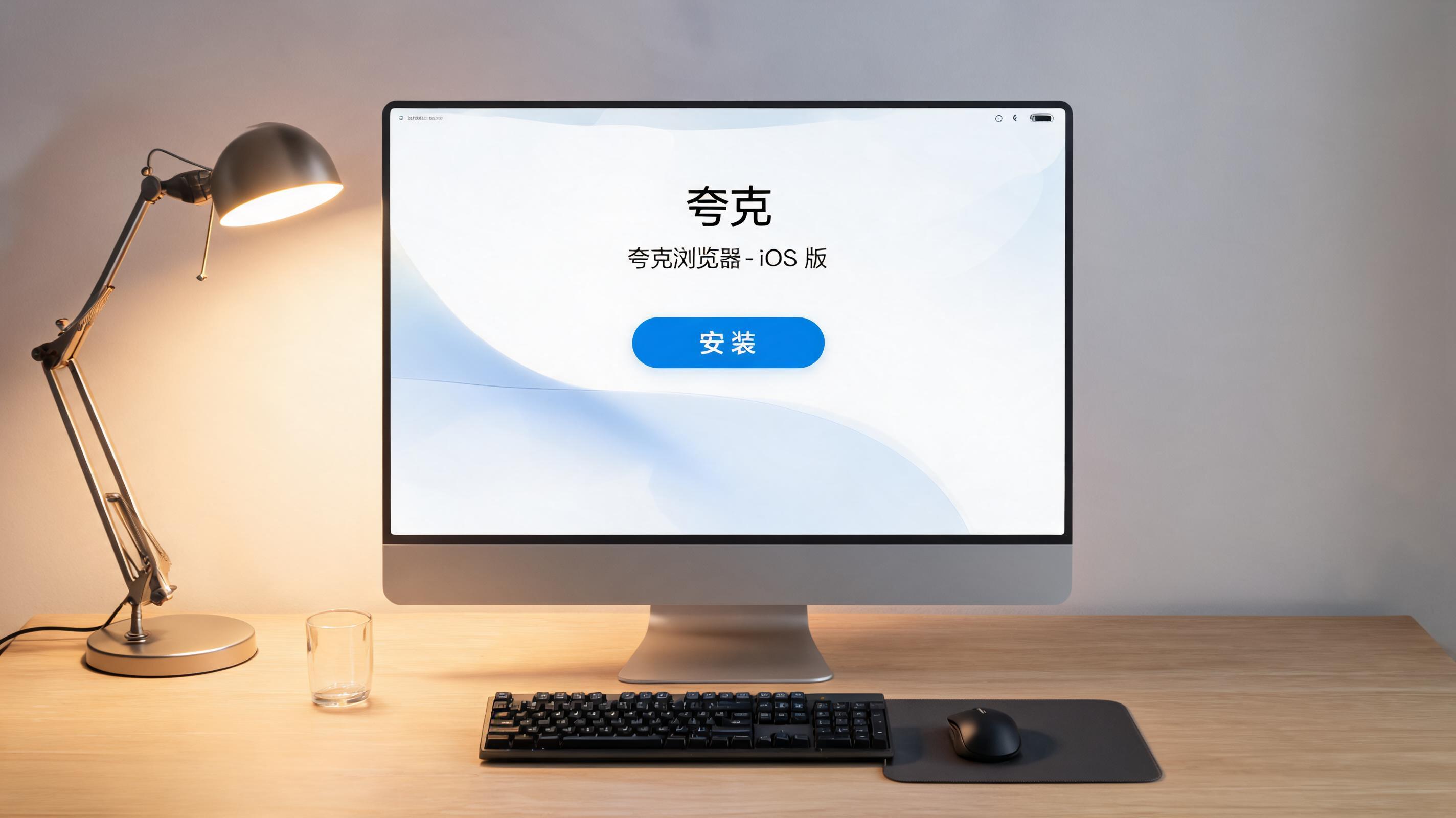 电脑桌上的电脑，屏幕显示夸克浏览器苹果 iOS 版安装界面，旁边放着台灯