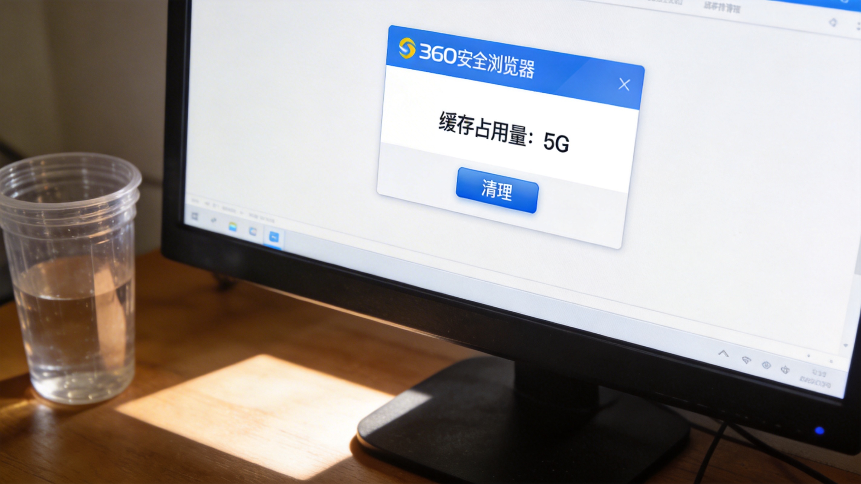 电脑屏幕显示360安全浏览器的缓存清理界面，显示缓存占用量5G，下方有清理按钮，桌面角落放着塑料水杯，屏幕光照明