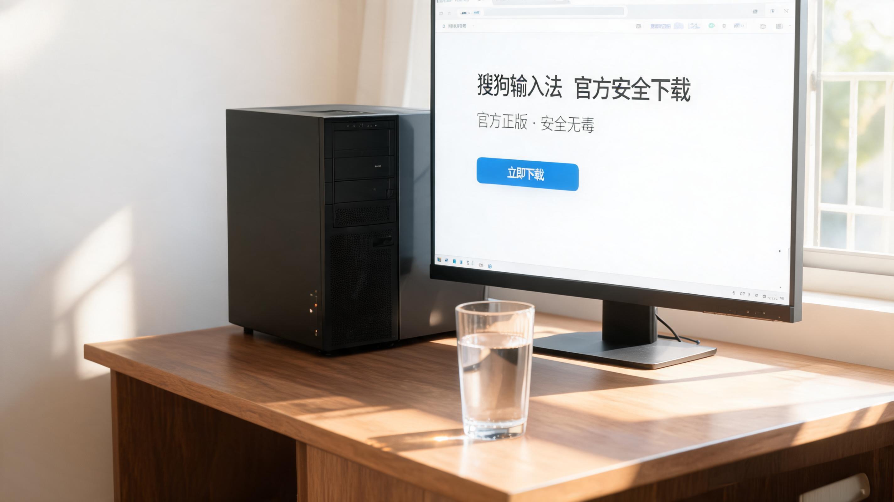 书桌上的主机，屏幕显示搜狗输入法安全官方下载设置界面，桌角放着水杯，自然光