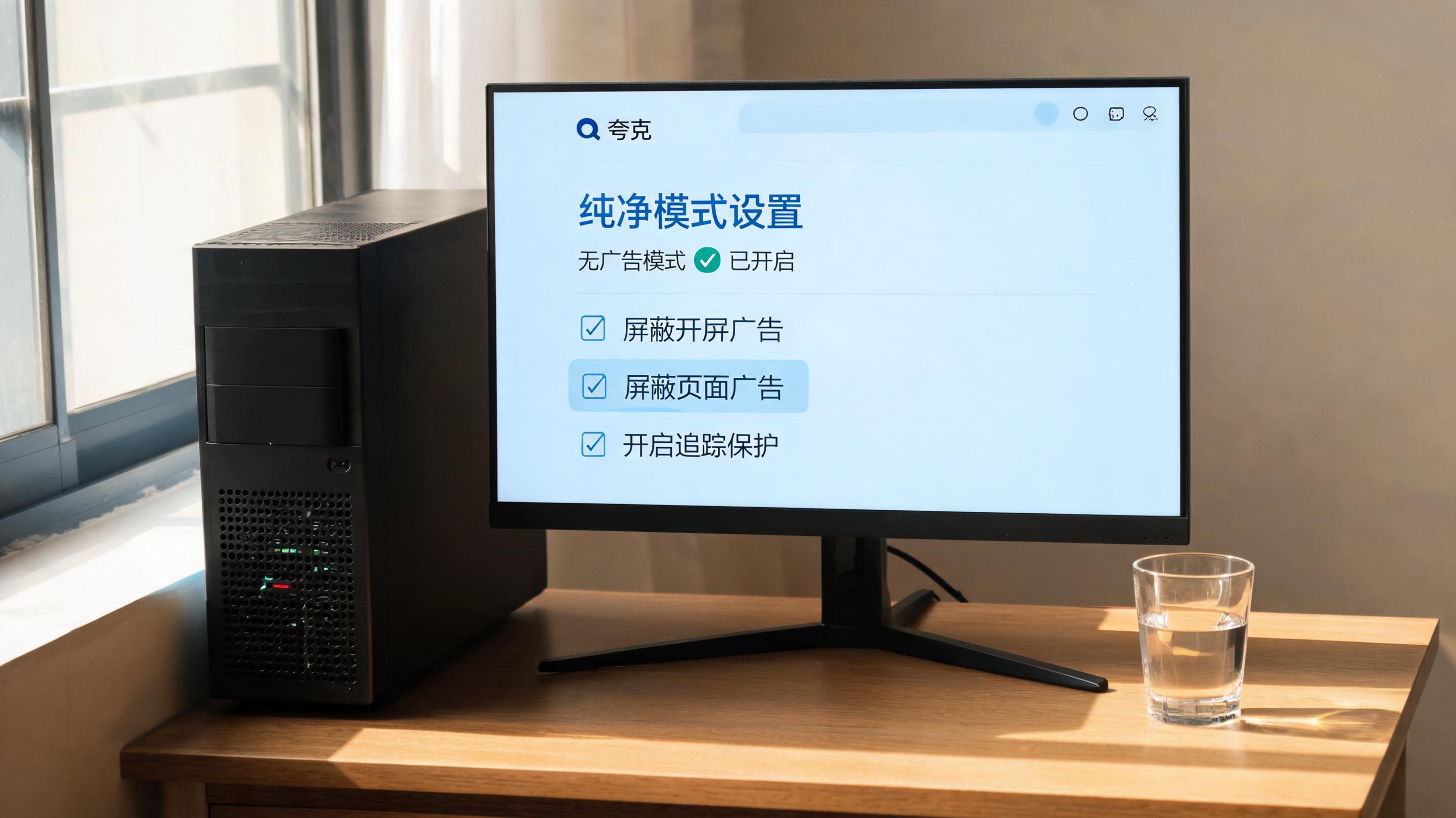书桌上的主机，屏幕显示夸克浏览器无广告纯净模式设置界面，桌角放着水杯，自然光