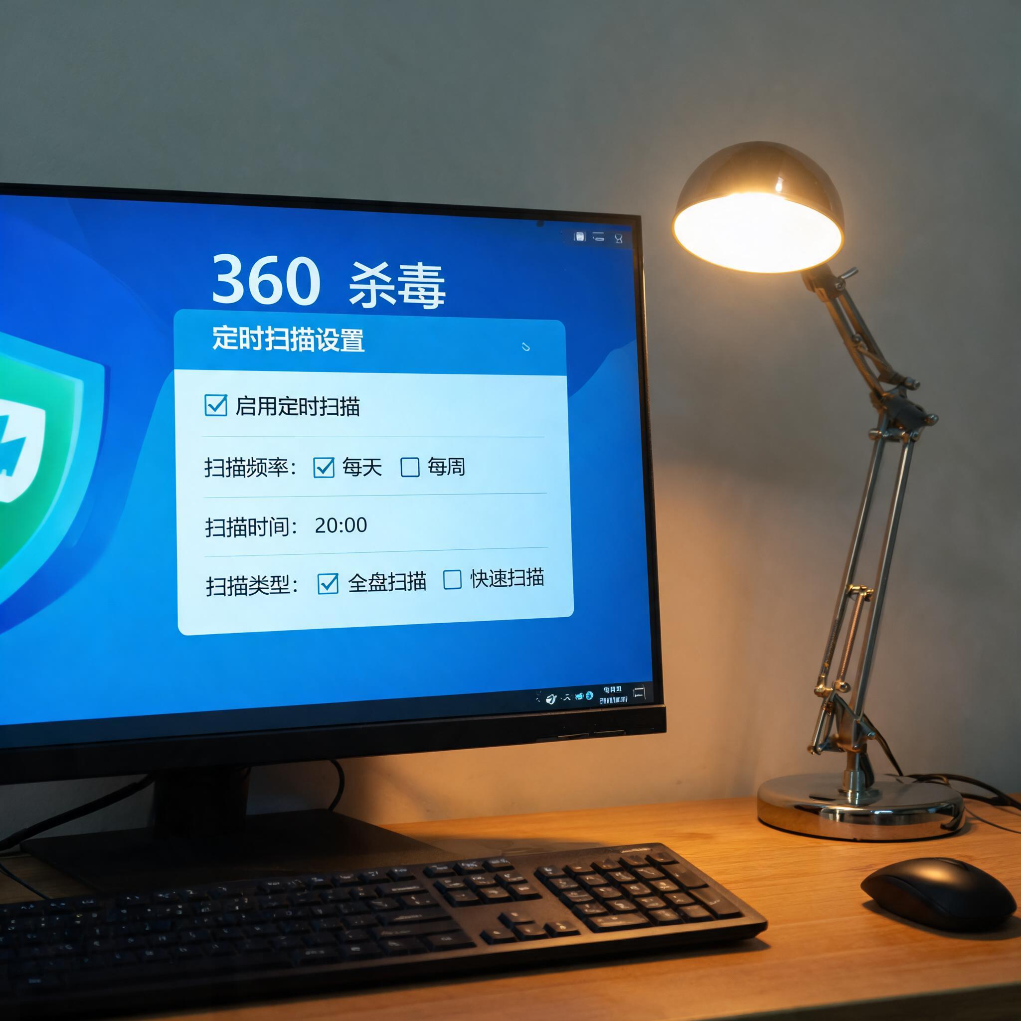 电脑桌上的电脑，屏幕显示360 杀毒软件定时扫描设置界面，旁边放着台灯