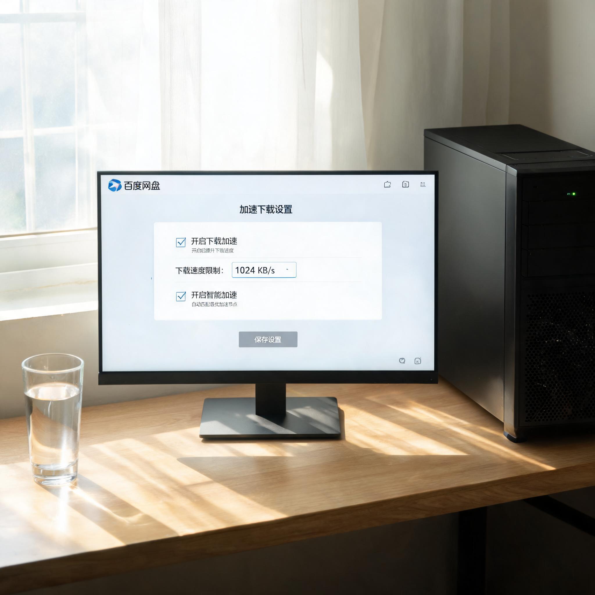 书桌上的主机，屏幕显示百度网盘加速下载设置教程设置界面，桌角放着水杯，自然光