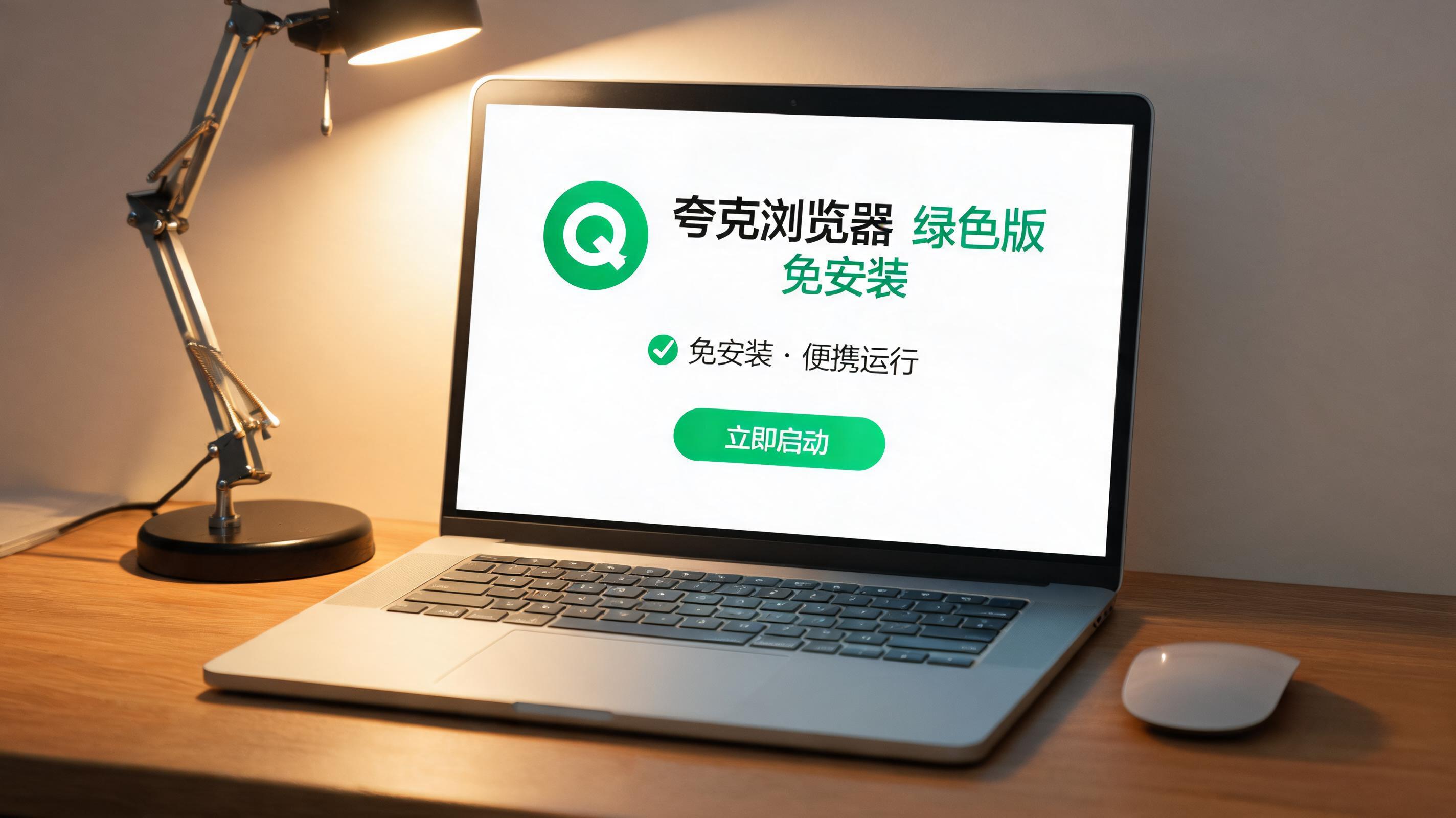 电脑桌上的笔记本，屏幕显示夸克浏览器绿色版免安装界面，旁边放着台灯