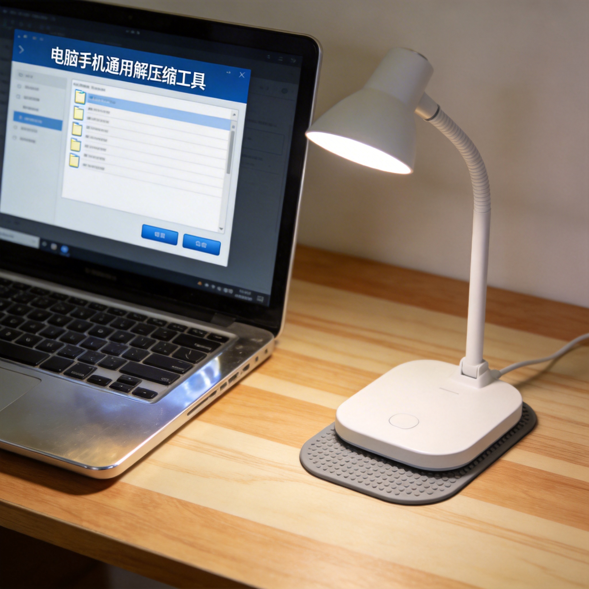 电脑桌上的电脑，屏幕显示电脑手机通用解压缩工具界面，旁边放着台灯