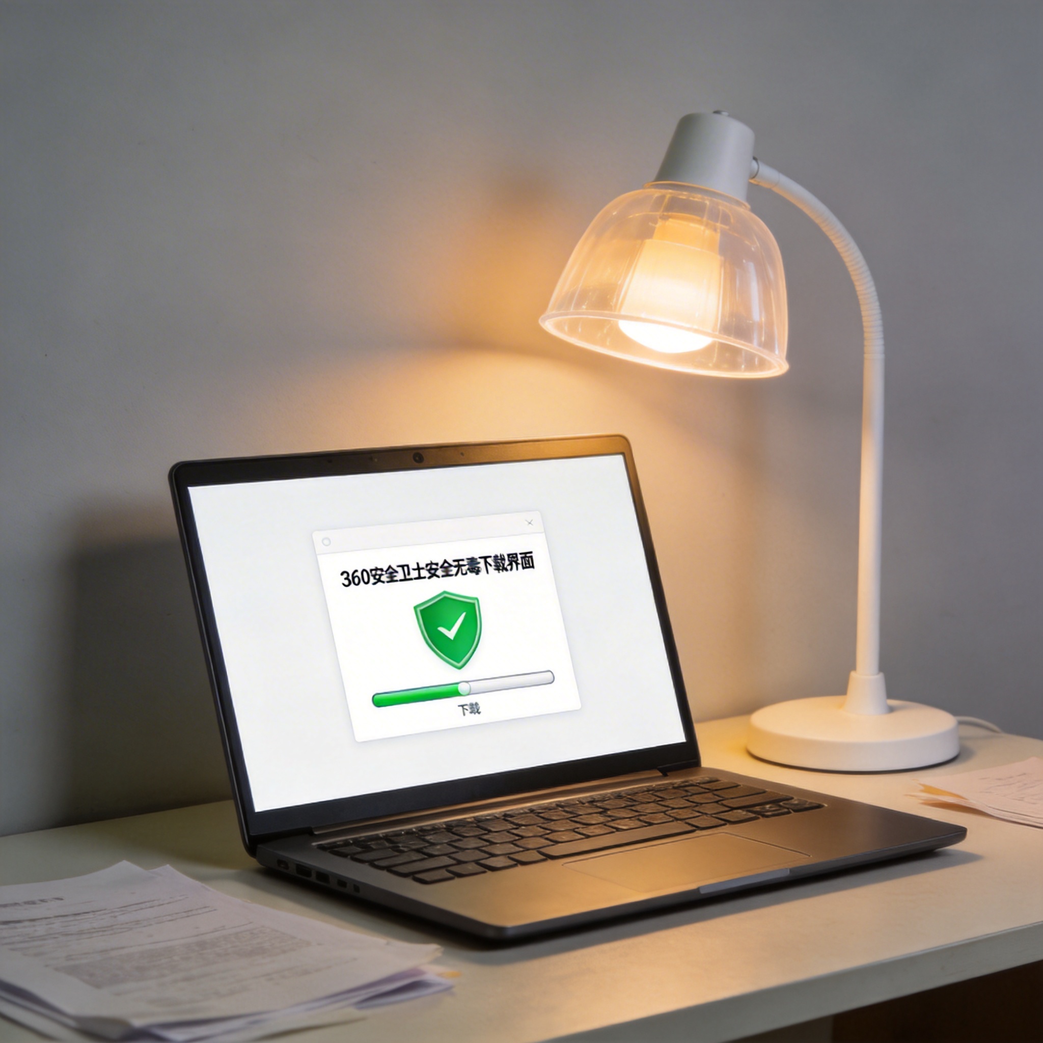 电脑桌上的电脑，屏幕显示360 安全卫士安全无毒下载界面，旁边放着台灯