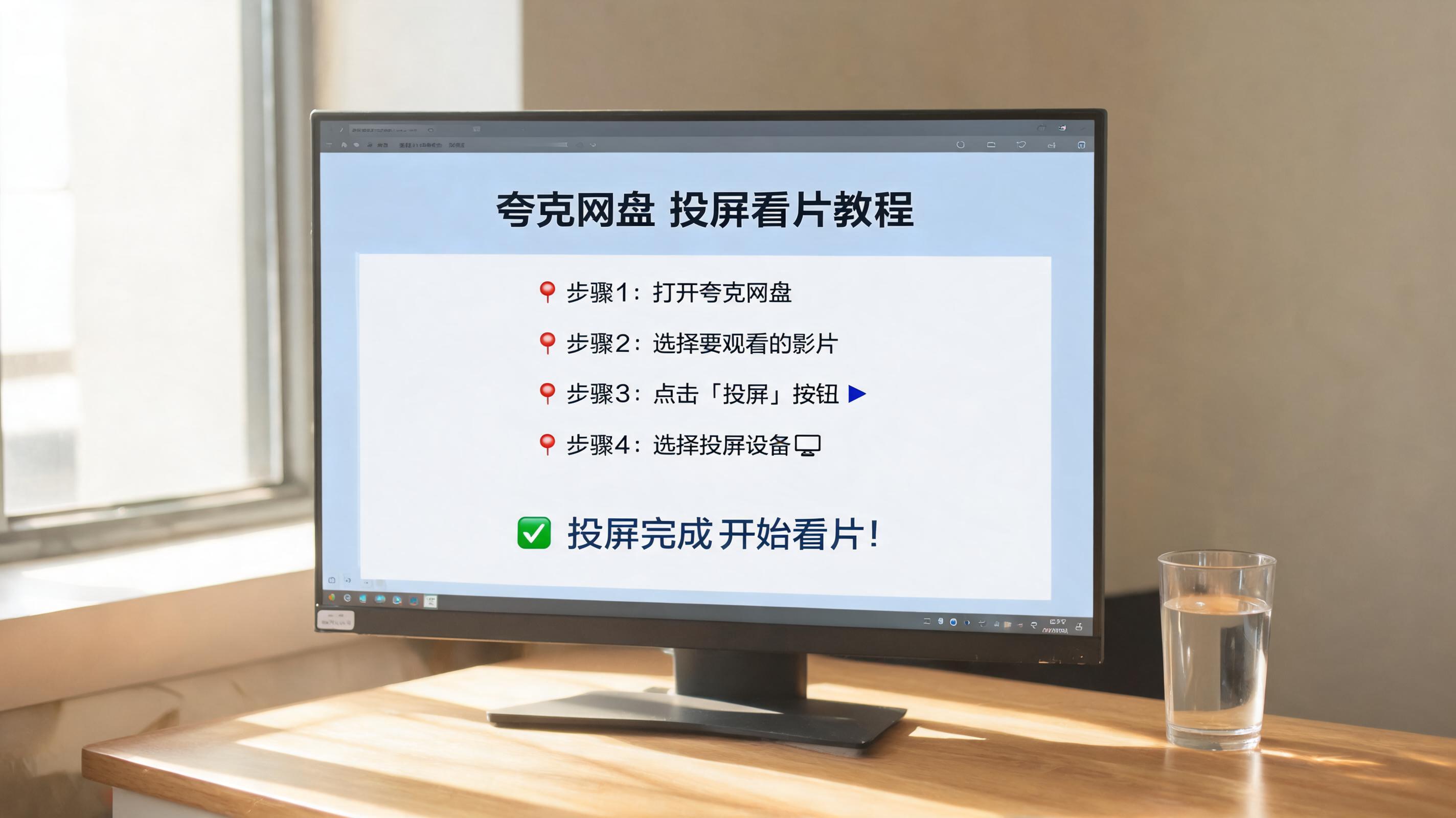 书桌上的屏幕，屏幕显示夸克网盘投屏看片教程设置界面，桌角放着水杯，自然光
