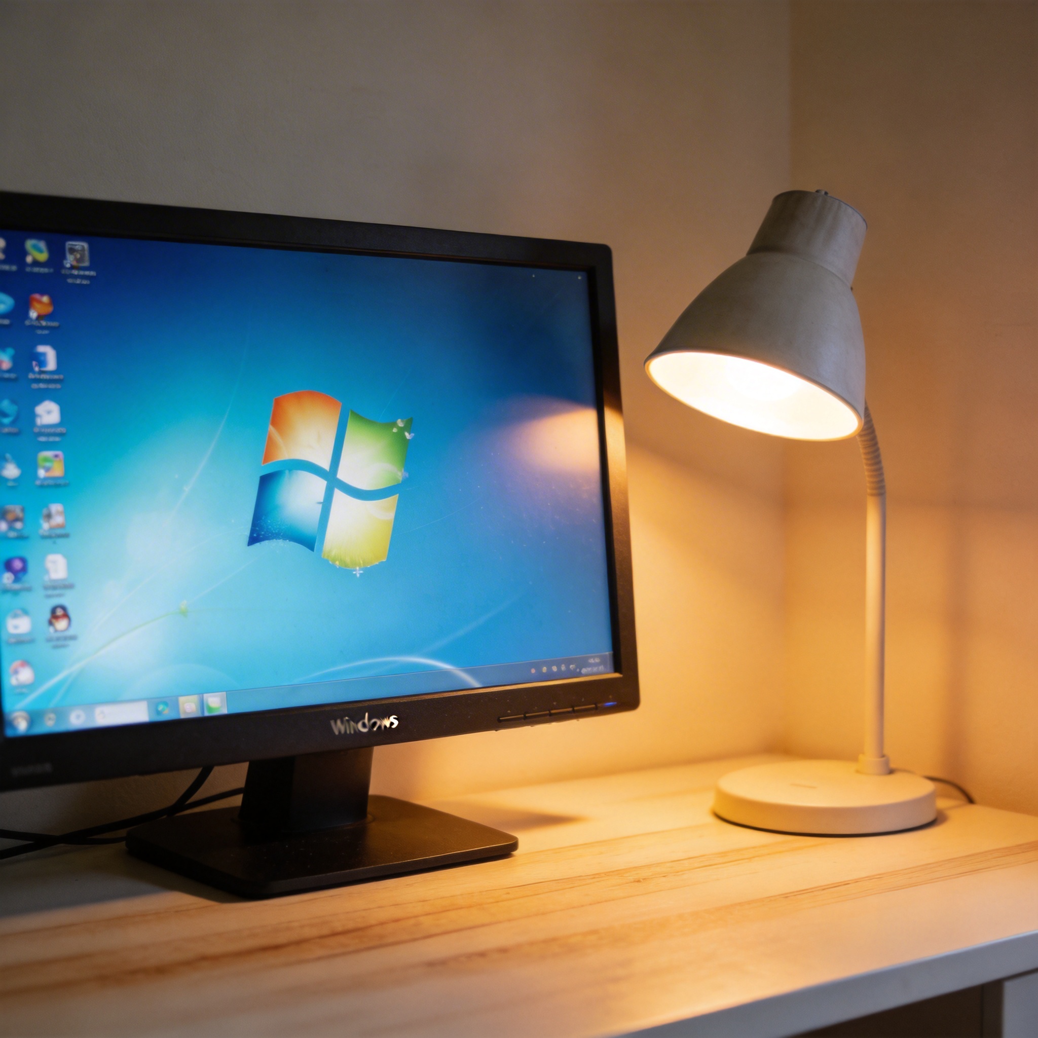 电脑桌上的电脑，屏幕显示Windows界面，旁边放着台灯