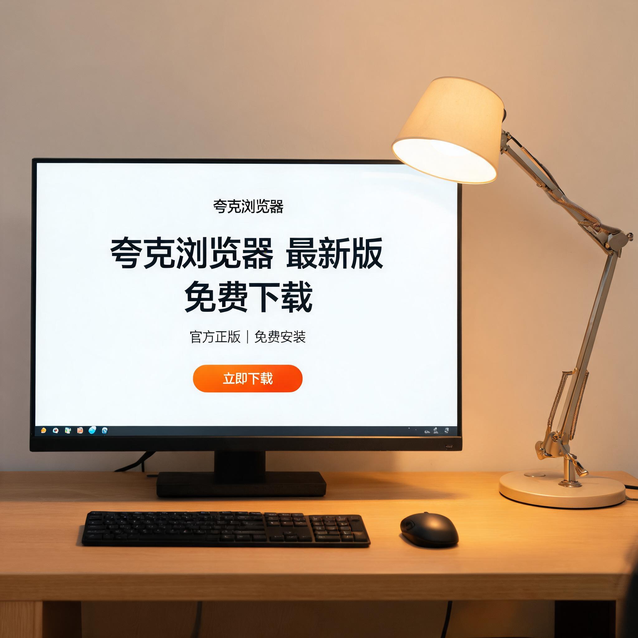 电脑桌上的电脑，屏幕显示夸克浏览器最新版免费下载界面，旁边放着台灯