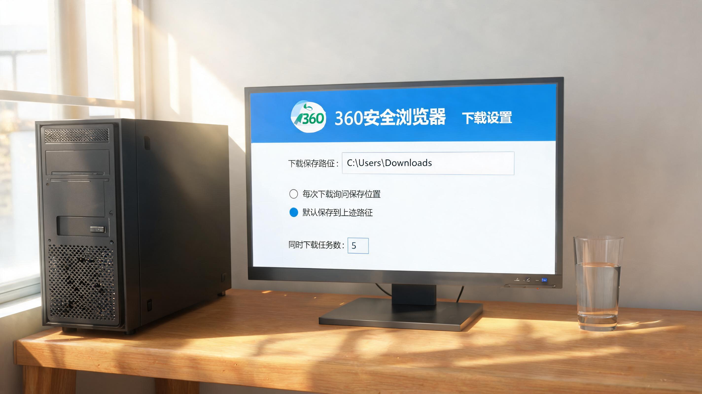 书桌上的主机，屏幕显示360安全浏览器下载设置界面，桌角放着水杯，自然光