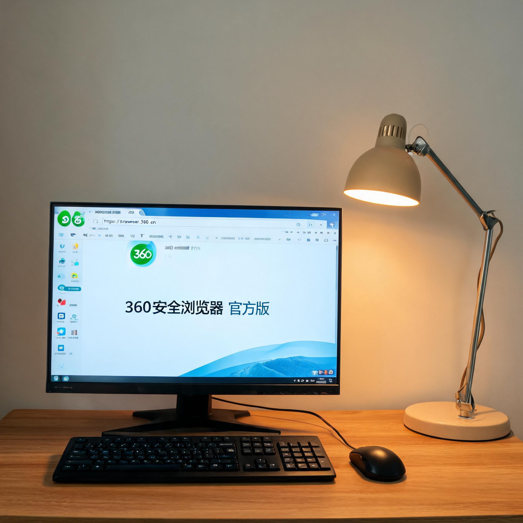 电脑桌上的电脑，屏幕显示360 安全浏览器官方版界面，旁边放着台灯