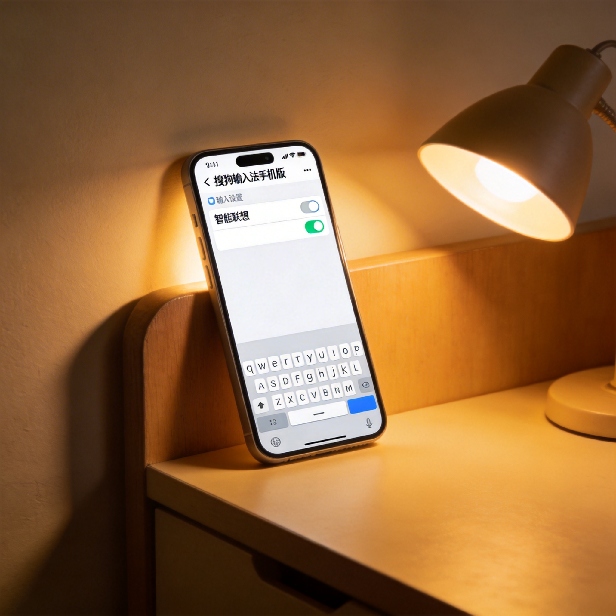 智能手机放在书桌边缘，屏幕显示搜狗输入法手机版的输入设置界面，智能联想选项处于开启状态，台灯暖光
