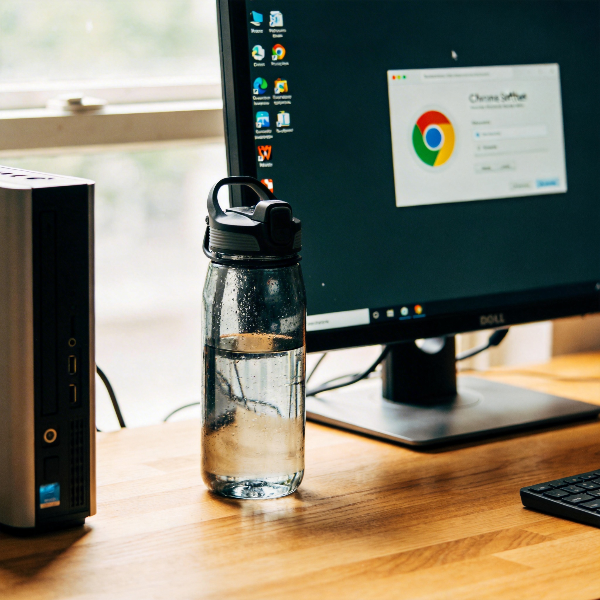 书桌上的主机，屏幕显示Chrome设置界面，桌角放着水杯，自然光