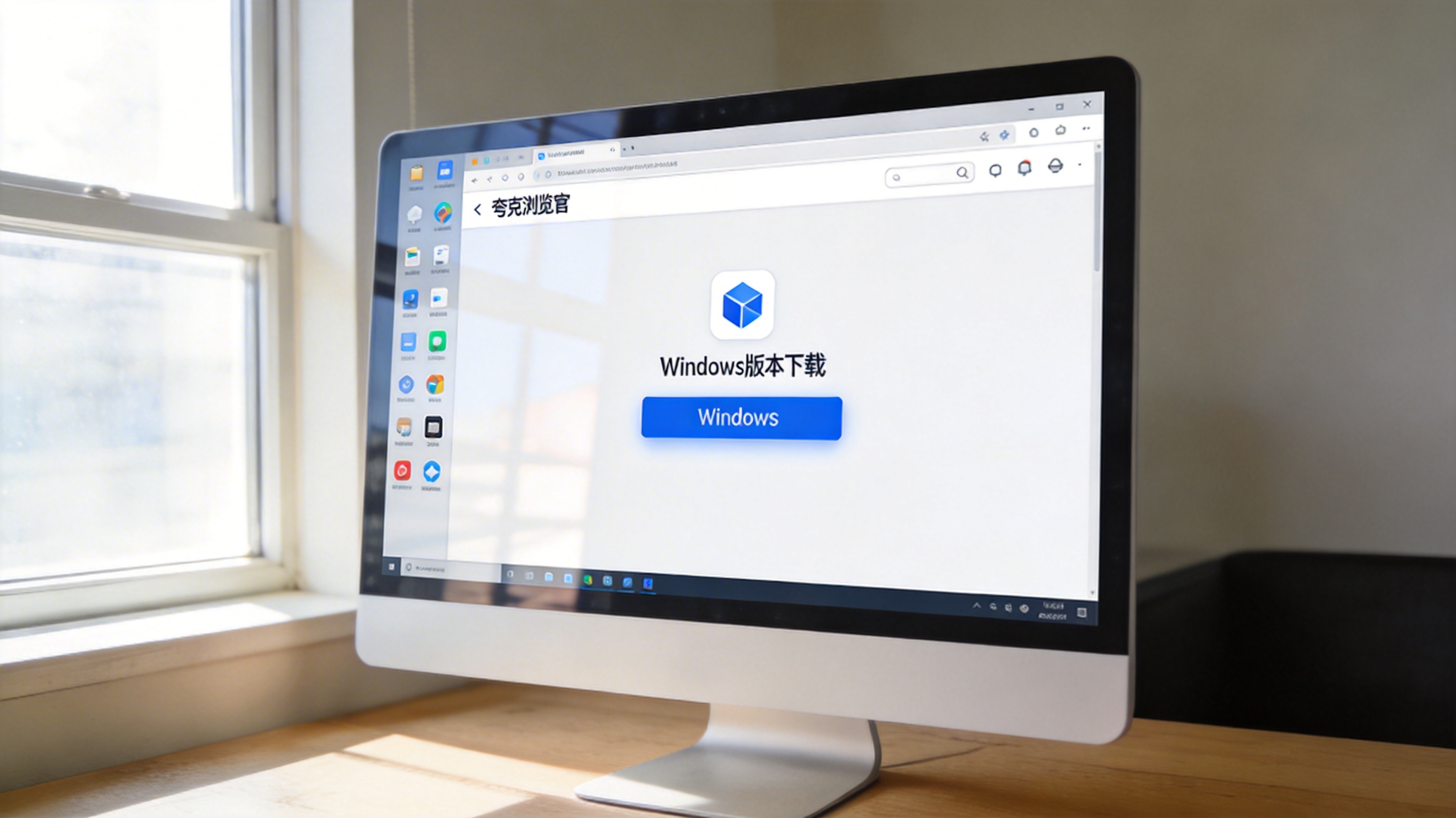 电脑桌面上的Windows系统界面，屏幕显示夸克浏览器官方网站页面，页面上有Windows版本下载按钮，室内自然光