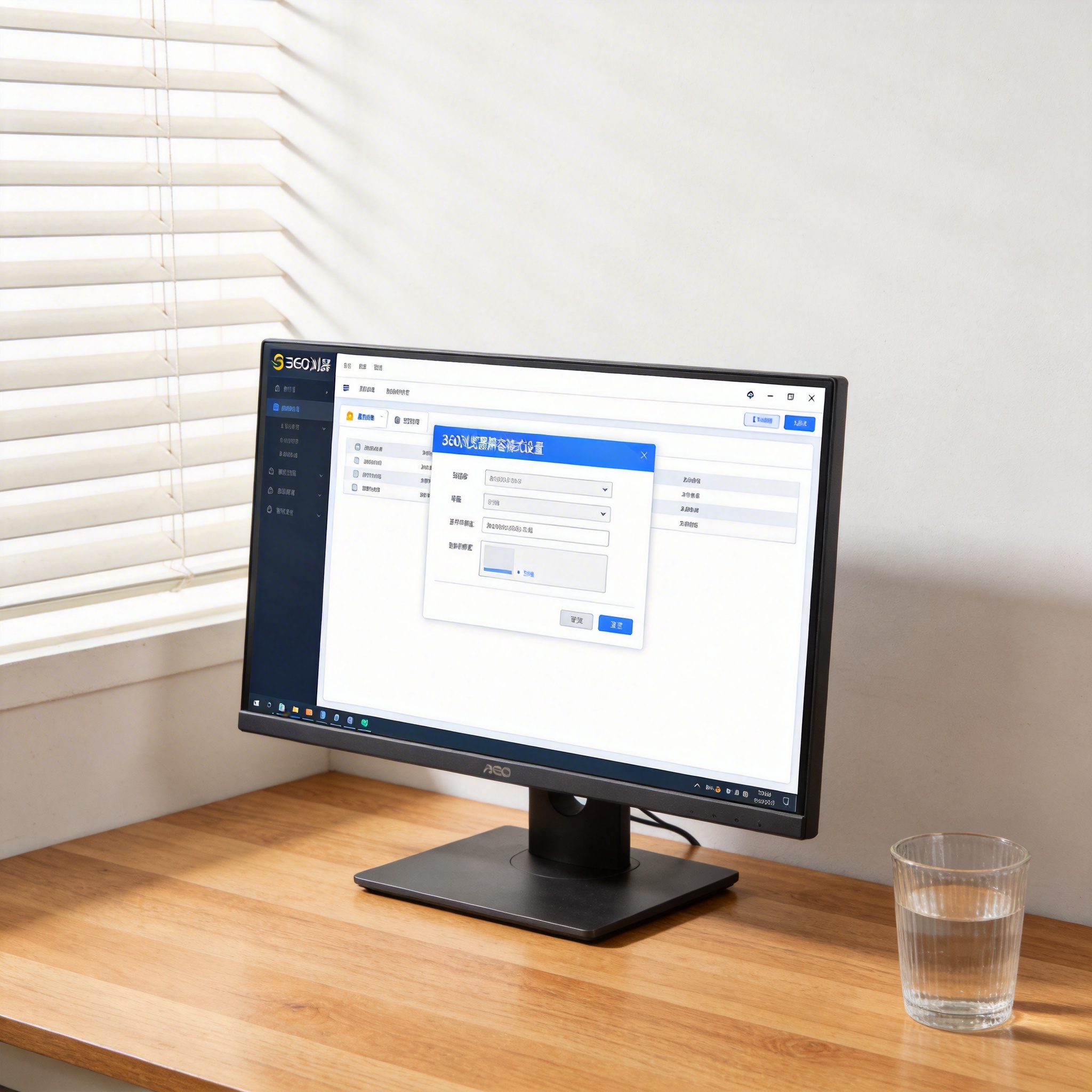 书桌上的主机，屏幕显示360 浏览器兼容模式设置设置界面，桌角放着水杯，自然光
