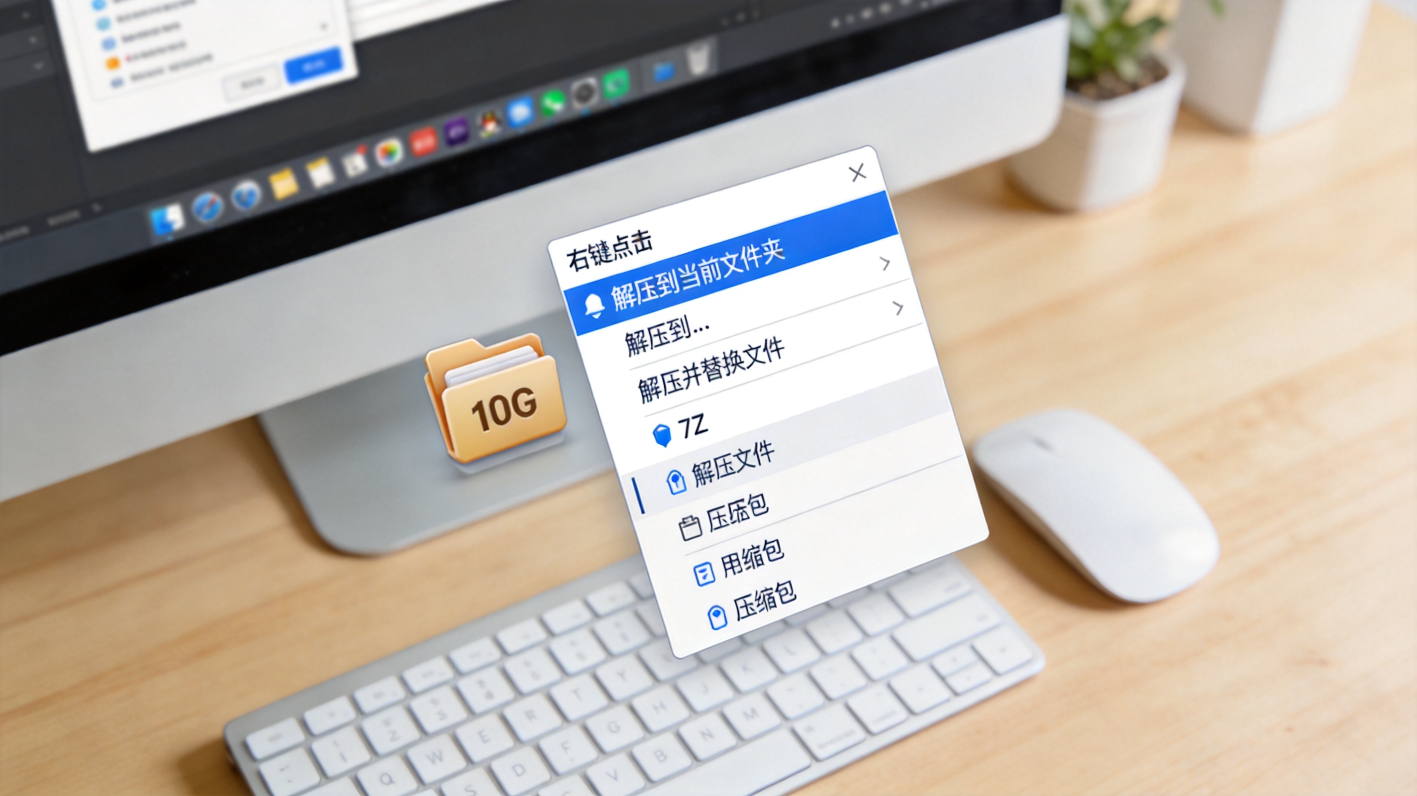 电脑桌面放着10G容量的7Z格式压缩包，屏幕显示右键弹出的解压选项菜单，室内自然光
