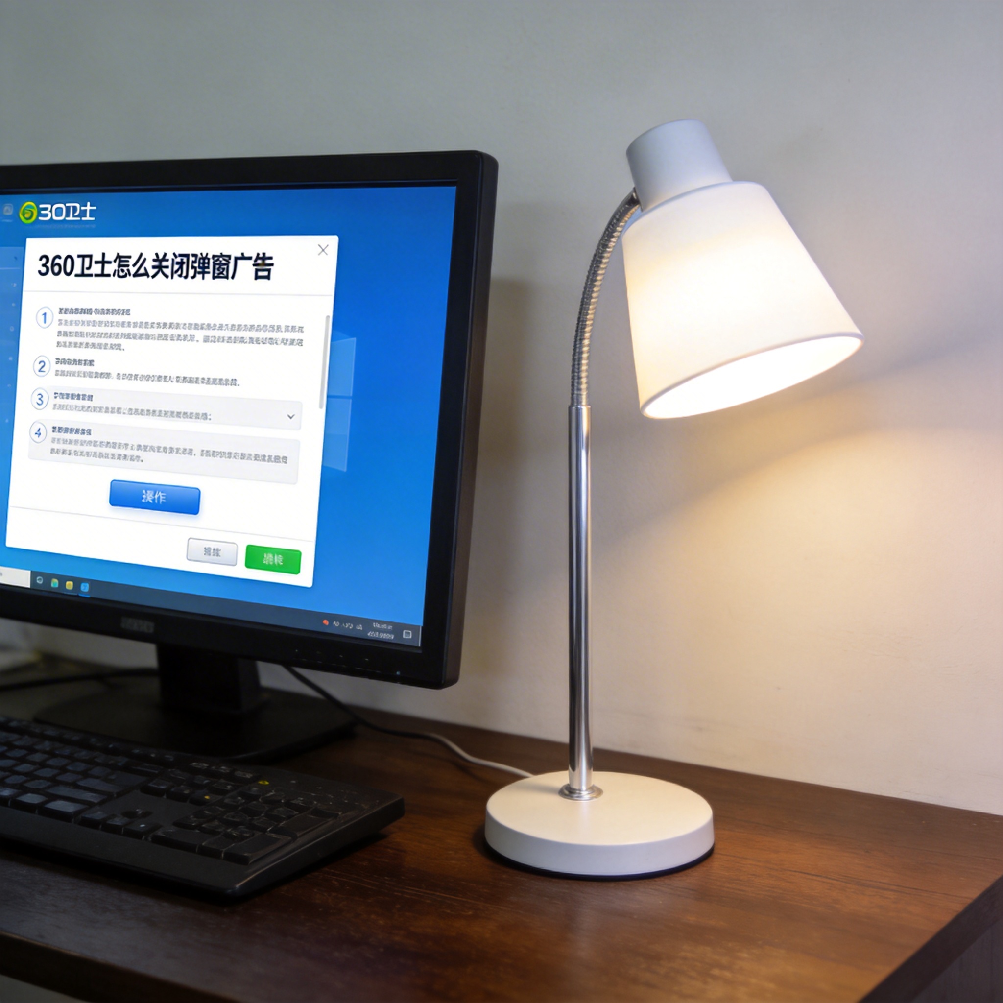 电脑桌上的电脑，屏幕显示360 卫士怎么关闭弹窗广告界面，旁边放着台灯