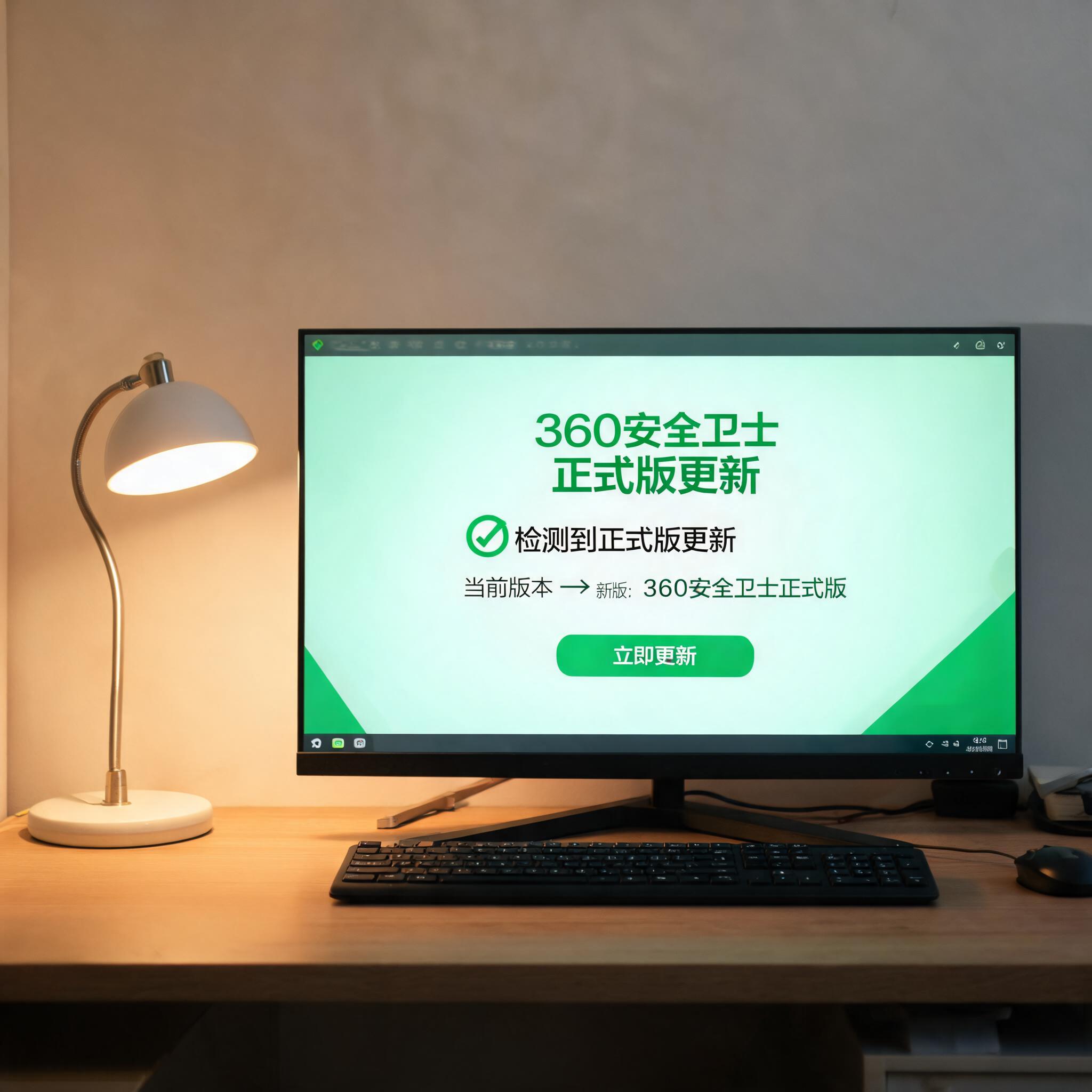 电脑桌上的电脑，屏幕显示360 安全卫士正式版更新菜单，旁边放着台灯