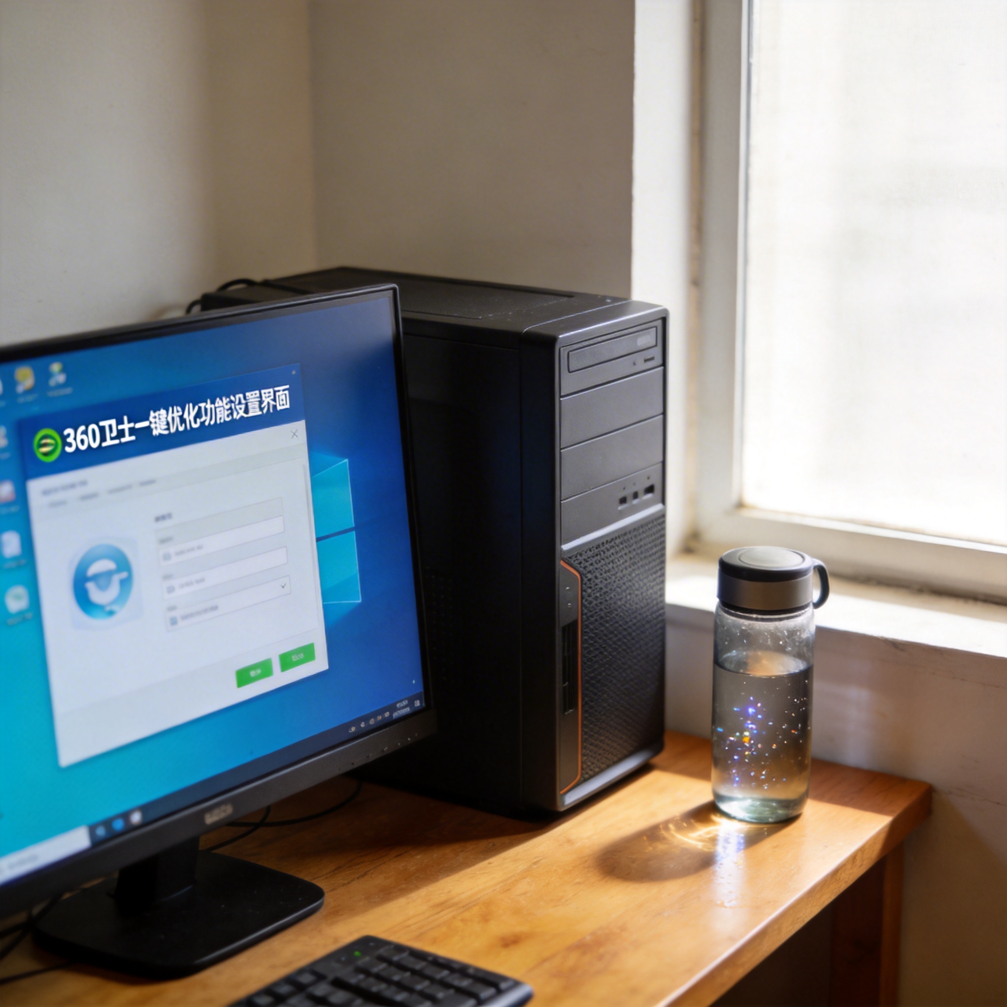 书桌上的主机，屏幕显示360 卫士一键优化功能设置界面，桌角放着水杯，自然光