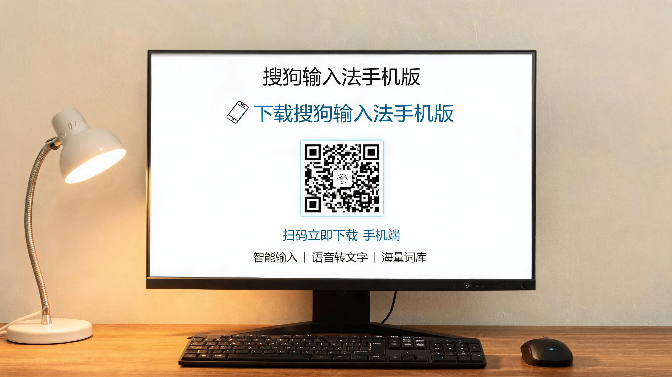 电脑桌上的电脑，屏幕显示搜狗输入法手机版下载界面，旁边放着台灯