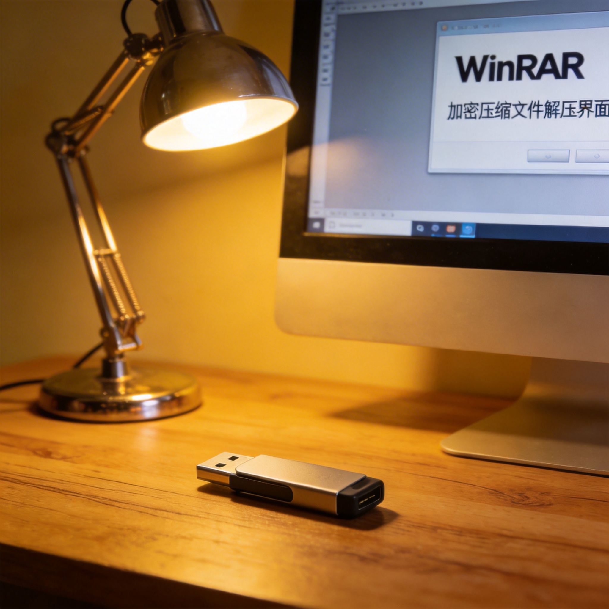 电脑桌上的U盘，屏幕显示winrar 加密压缩文件解压界面，旁边放着台灯