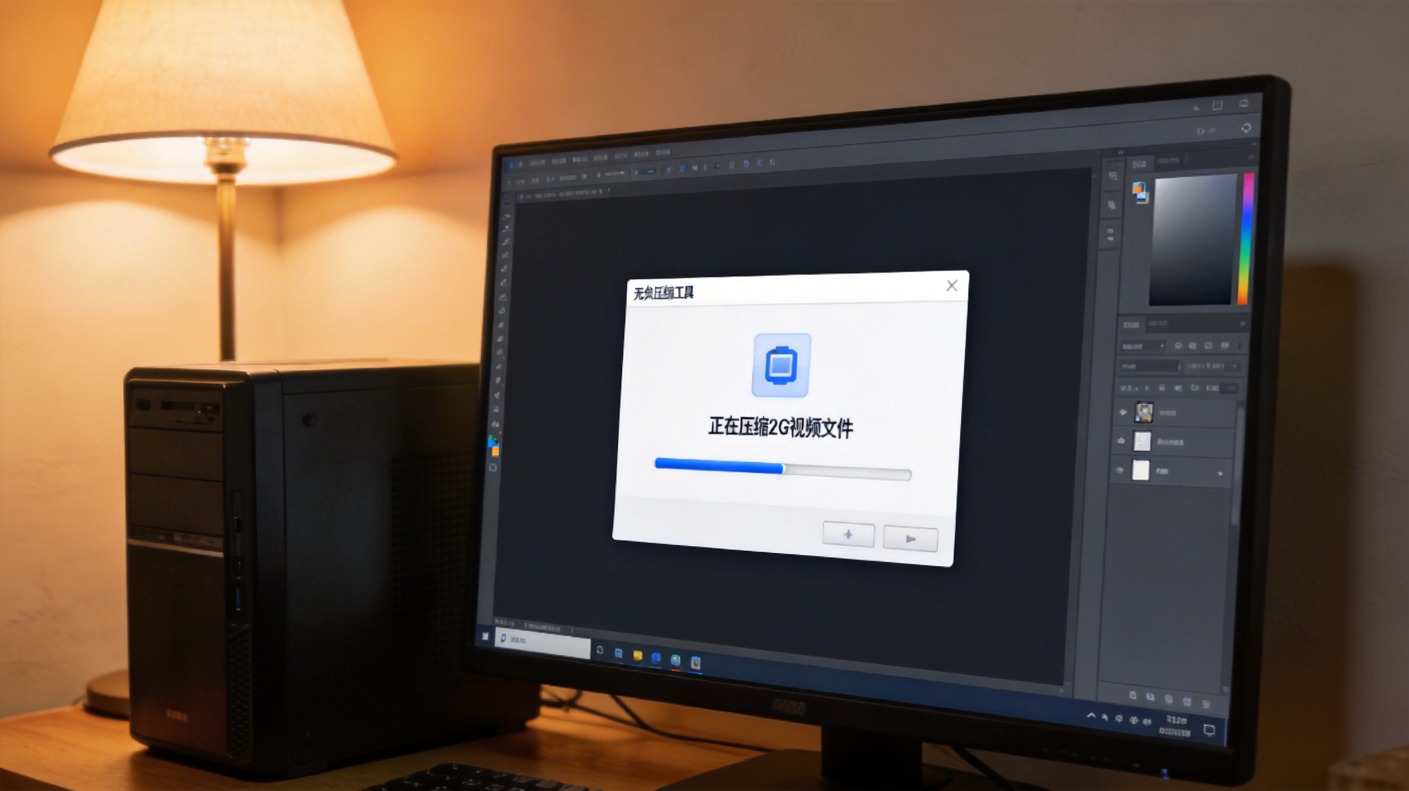 台式电脑屏幕显示无损压缩工具界面，正在压缩2G的视频文件，进度条缓慢推进，机箱旁有桌面台灯，暖光