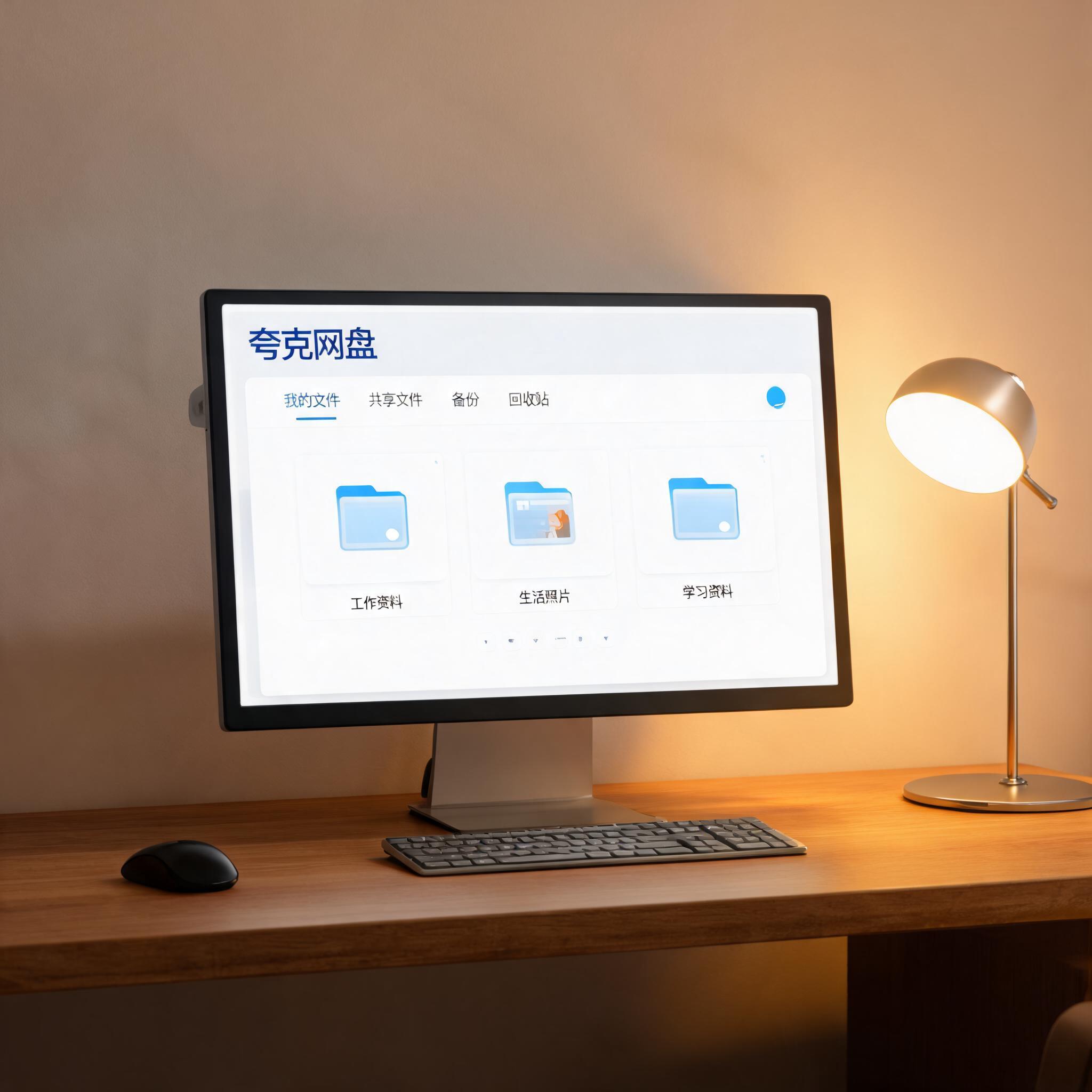 电脑桌上的电脑，屏幕显示夸克网盘界面，旁边放着台灯