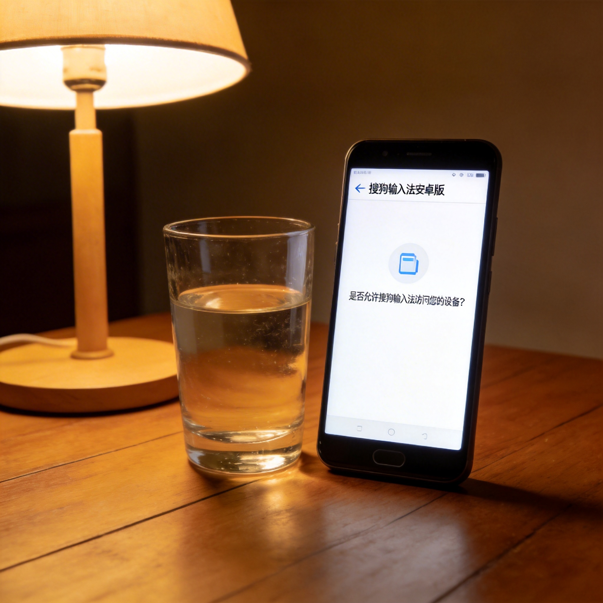 书桌上的安卓手机，屏幕显示搜狗输入法安卓版安装权限申请界面，旁边摆着半杯凉白开，台灯暖光